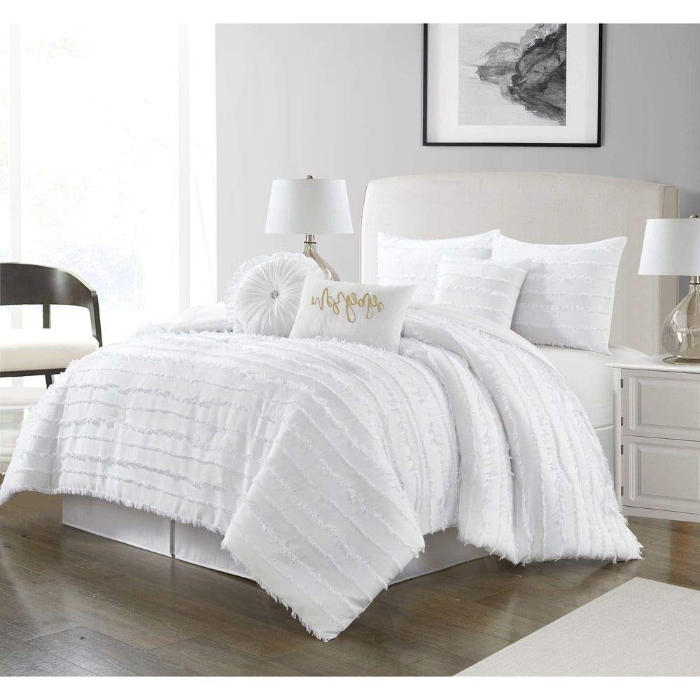 7-Piece Glam Style Bright White Comforter Set - All Season Luxury Bedding with Ruffled Fringe & Stripes - King Size Silky Soft Comforter with Elegant Bedskirt - Perfect for Master Bedroom, Guest Room & Luxury Hotel Decor
