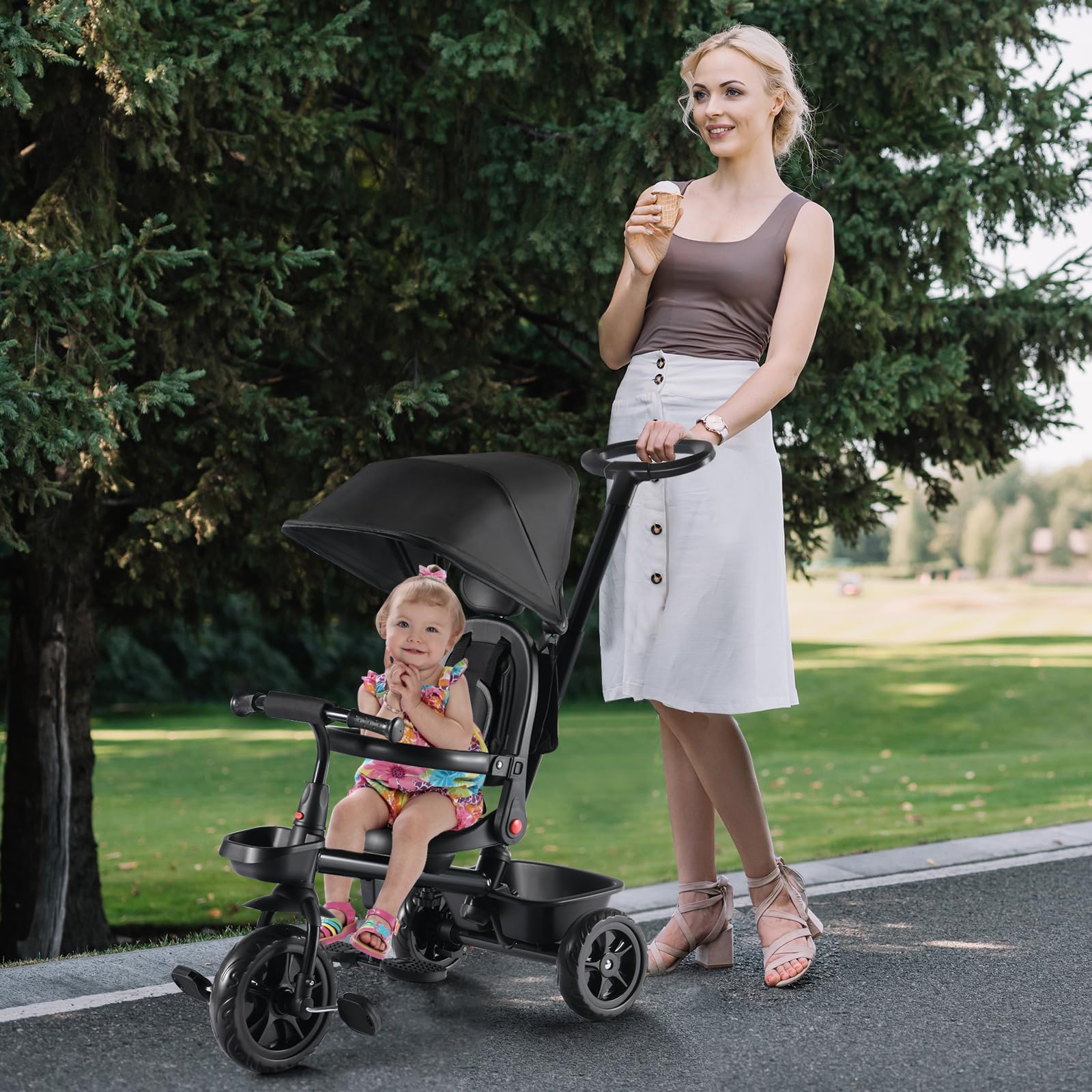 **6-in-1 Kids Tricycle with Removable Canopy & Push Handle – Adjustable Toddler Bike for Boys & Girls 12-60 Months – 360° Swivel Seat, Folding Pedals, EVA Wheels & Storage Basket – Perfect for Outdoor Play, Park Rides & Learning Balance (Black)**