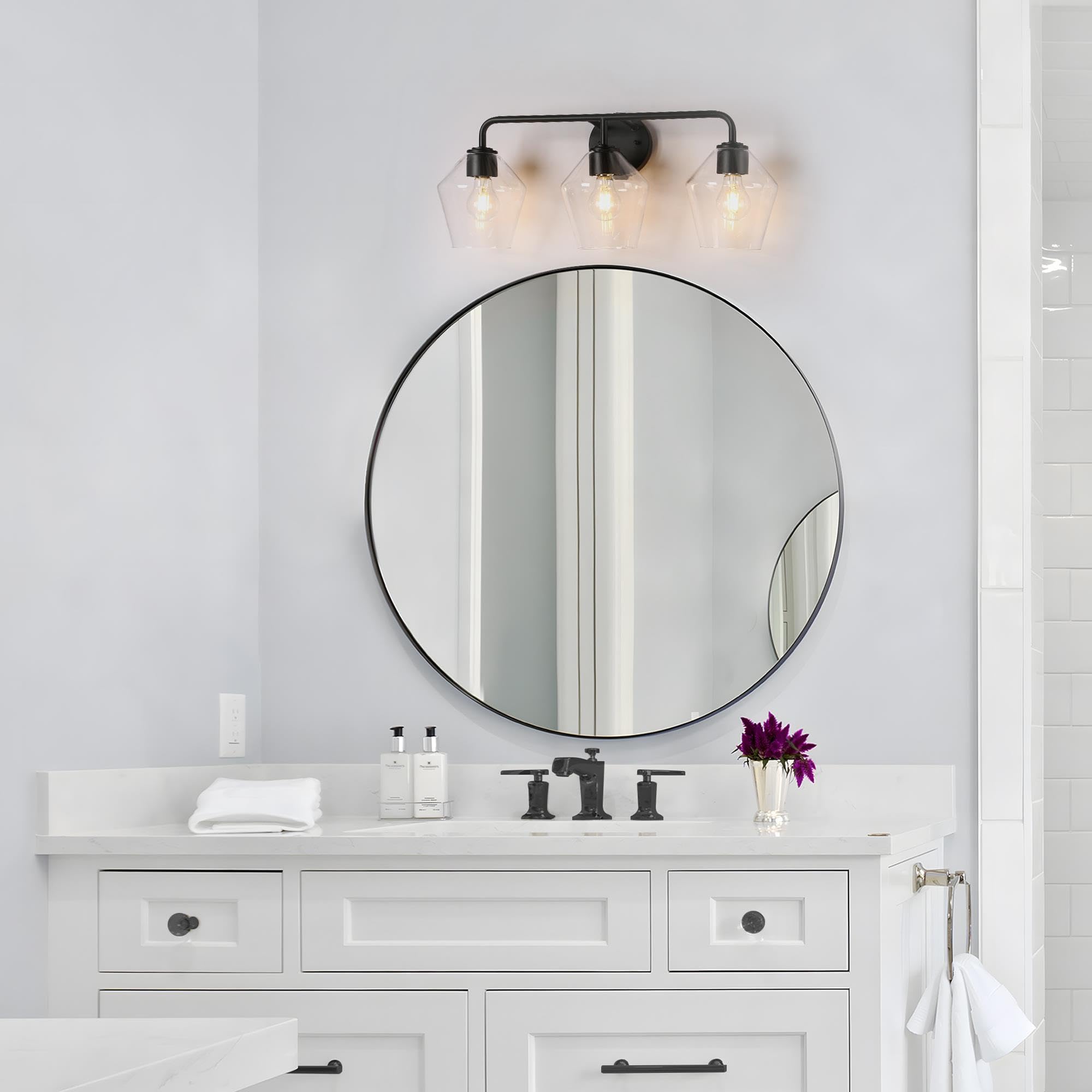 Modern Black Bathroom Vanity Light Fixture - 3-Light Farmhouse Wall Sconce with Clear Glass Shades for Bathroom, Powder Room & Spa Lighting Upgrade