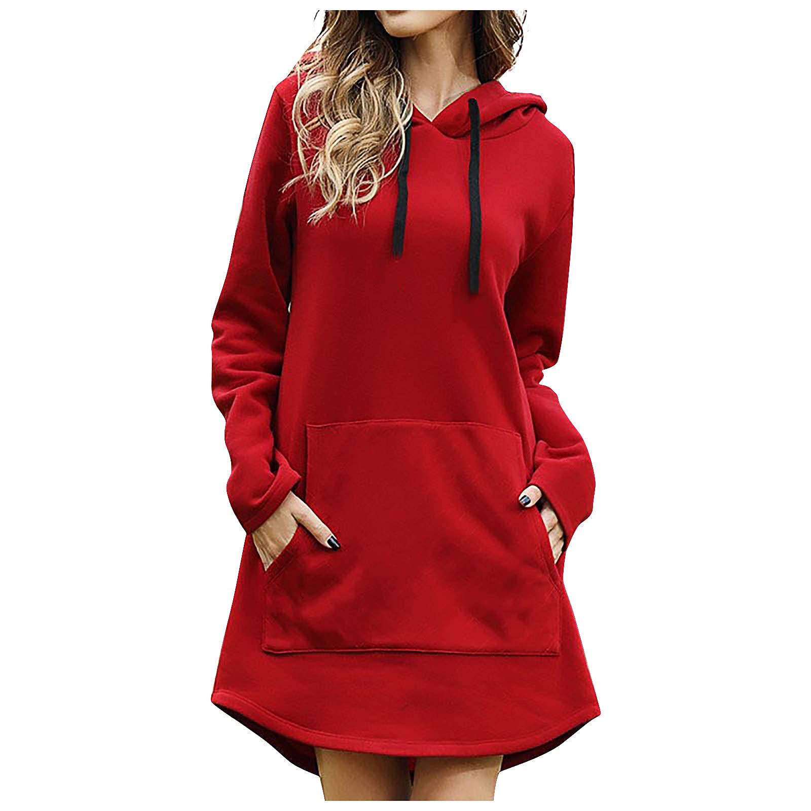 Navyoom Women's Hooded T-Shirt Dress - Casual Solid Color Midi Dress with Drawstring & Pockets - Long Sleeve Mini Dress for Everyday Wear, Street Style & Layering Outfits