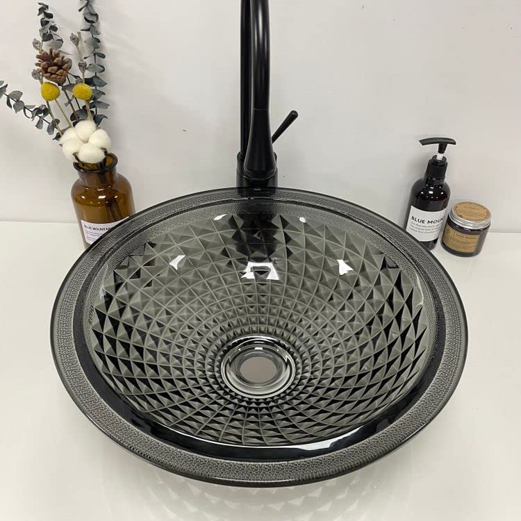 Premium InArt Modular Vanity Crystal Glass Wash Basin - 16x16 Inch Glossy Black Vessel Sink for Bathroom Countertop | Modern Tabletop Basin for Master Bath, Powder Room & Luxury Washroom Decor