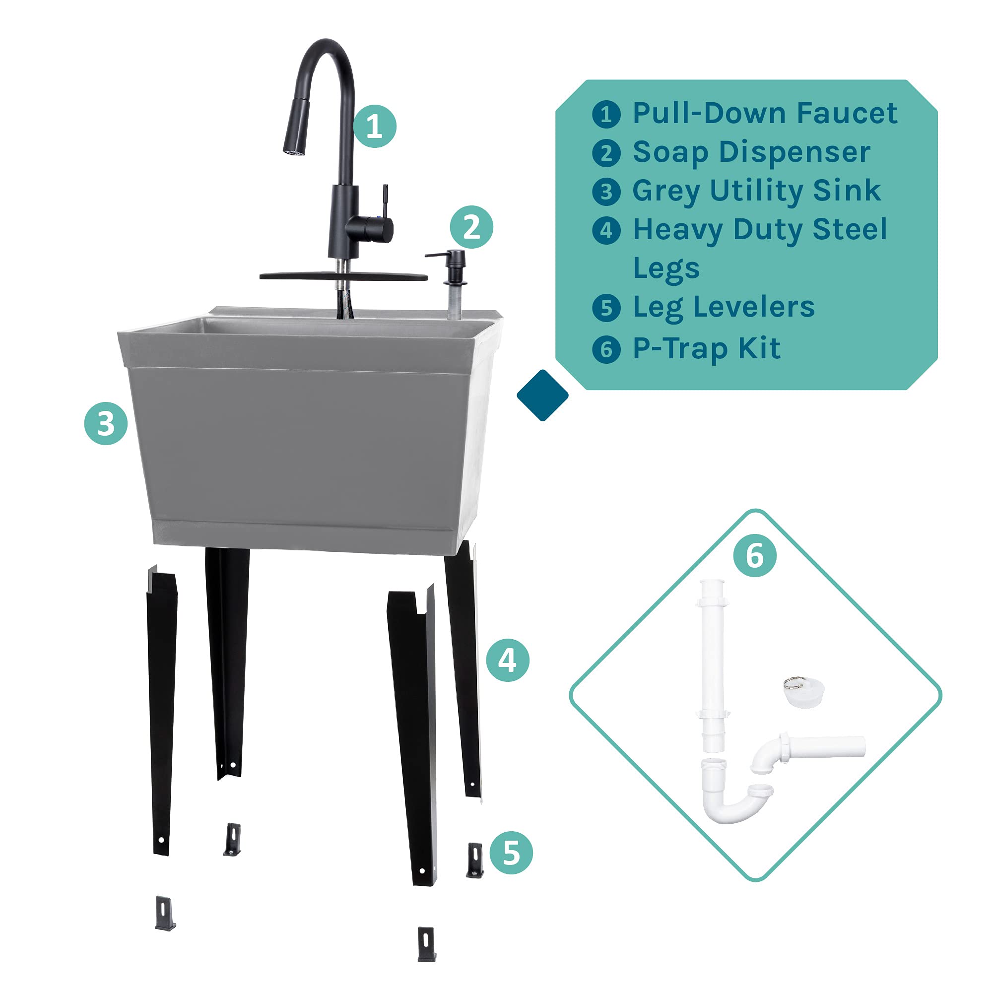 VETTA Grey Utility Sink Laundry Tub with High Arc Black Faucet - Heavy Duty Free Standing Slop Sink with Pull Down Sprayer for Laundry Room, Basement, Garage & Workshop | Perfect for Washing Pets, Cleaning Tools & DIY Projects