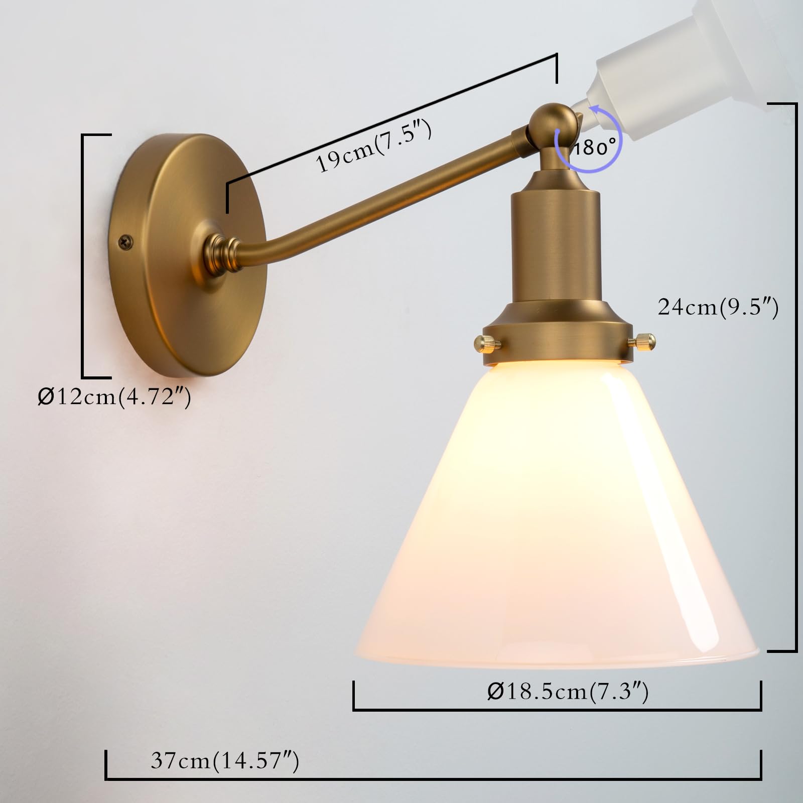 PERMO Vintage Industrial Wall Sconce Light Fixture - Single Slope Pole Mount with Funnel Flared Milk White Glass Shade - Perfect for Bedroom, Living Room, or Entryway Lighting