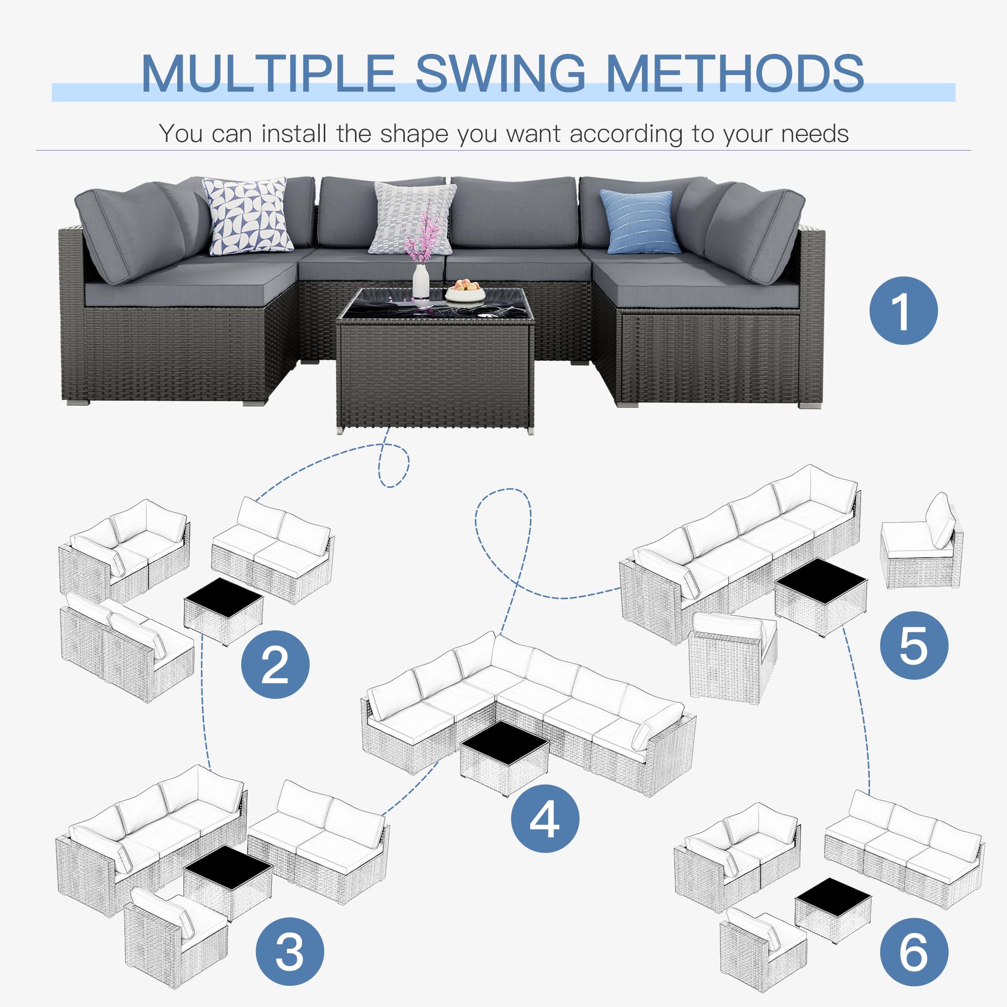 7-Piece Patio Furniture Set Outdoor Sectional Wicker Rattan Sofa with Cushions & Glass Table - Modular Conversation Set for Porch, Poolside, Backyard, Garden & Outdoor Living Spaces