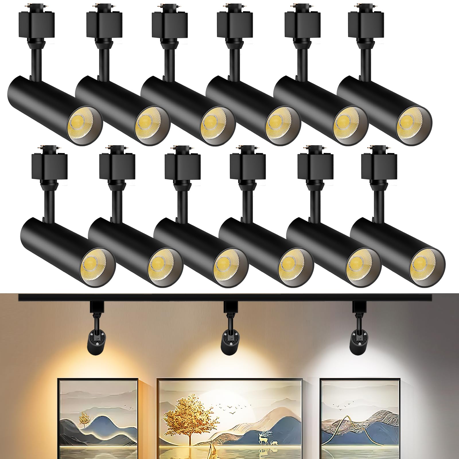 12 Pack 10W Dimmable LED Track Lighting Heads - Flicker Free H Type Track Lights with 3 Adjustable Color Temperatures (3000K-4500K-6000K) - 1000lm 24° Angle Ceiling Spotlights for Retail Stores, Galleries & Home Accent Lighting