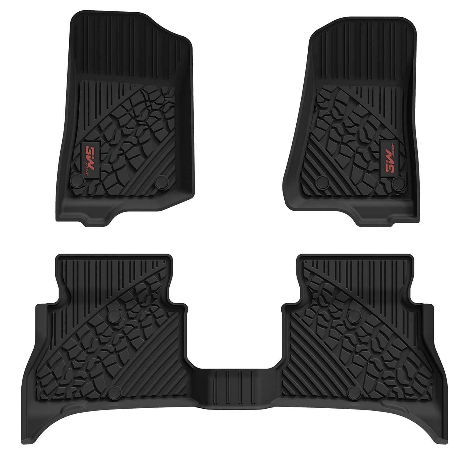 3W All-Weather TPE Floor Mats for Jeep Wrangler 4XE 2021-2025 Hybrid 4 Door (Non JL/JK) - Black Car Floor Liners with Red Logo, Full Set for 1st & 2nd Row | Perfect for Off-Roading, Camping & Daily Driving