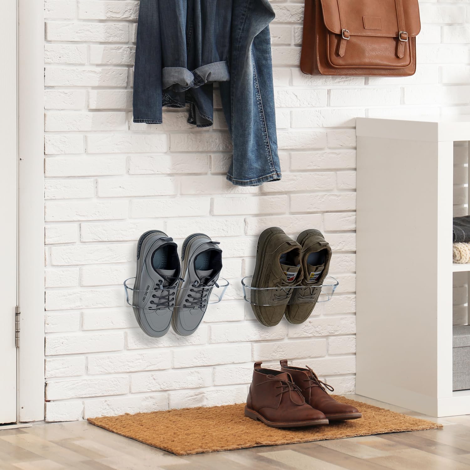 MyGift 11 Inch Round Clear Acrylic Floating Shoe Storage Racks - Wall Mounted Entryway Shoe Organizer for Closet, Holds Single Pair of Shoes (Set of 2) - Perfect for Small Spaces, Apartment Entryways & Sneaker Display