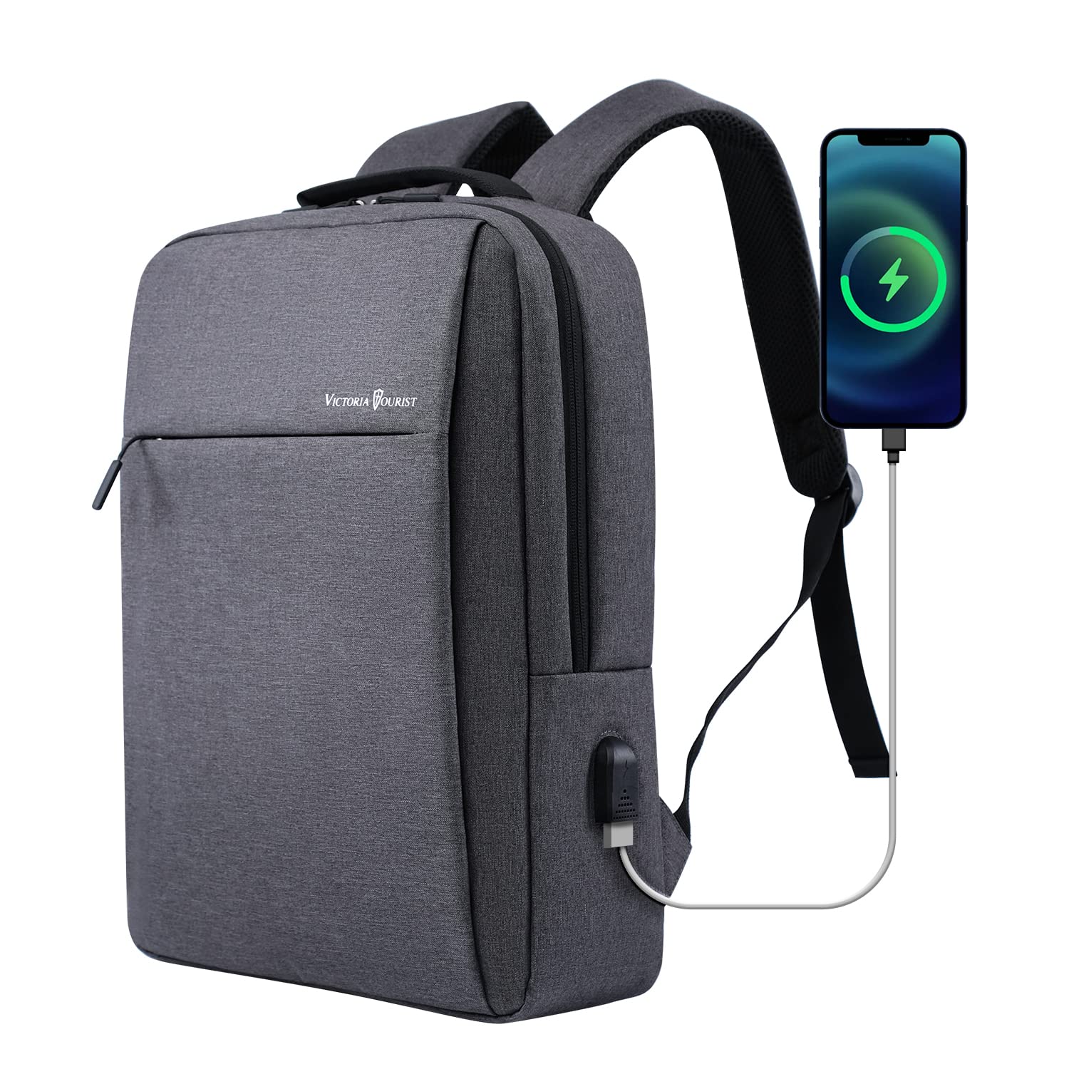 Victoriatourist 15.6 Inch Laptop Backpack - Slim Durable Business & Travel Backpack with USB Charging Port, College Computer Bag for Men & Women - Fits Most Notebooks (Grey) - Perfect for Work, School & Daily Commute