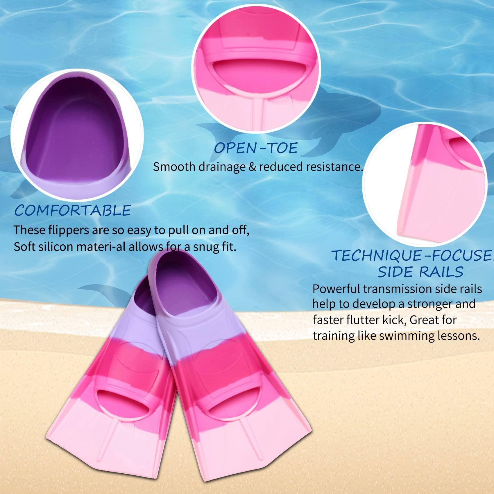 Kids Swim Fins - Short Blade Non-Slip Heel Pool Training Flippers for Youth, Lightweight Design for Swimming Lessons & Water Safety