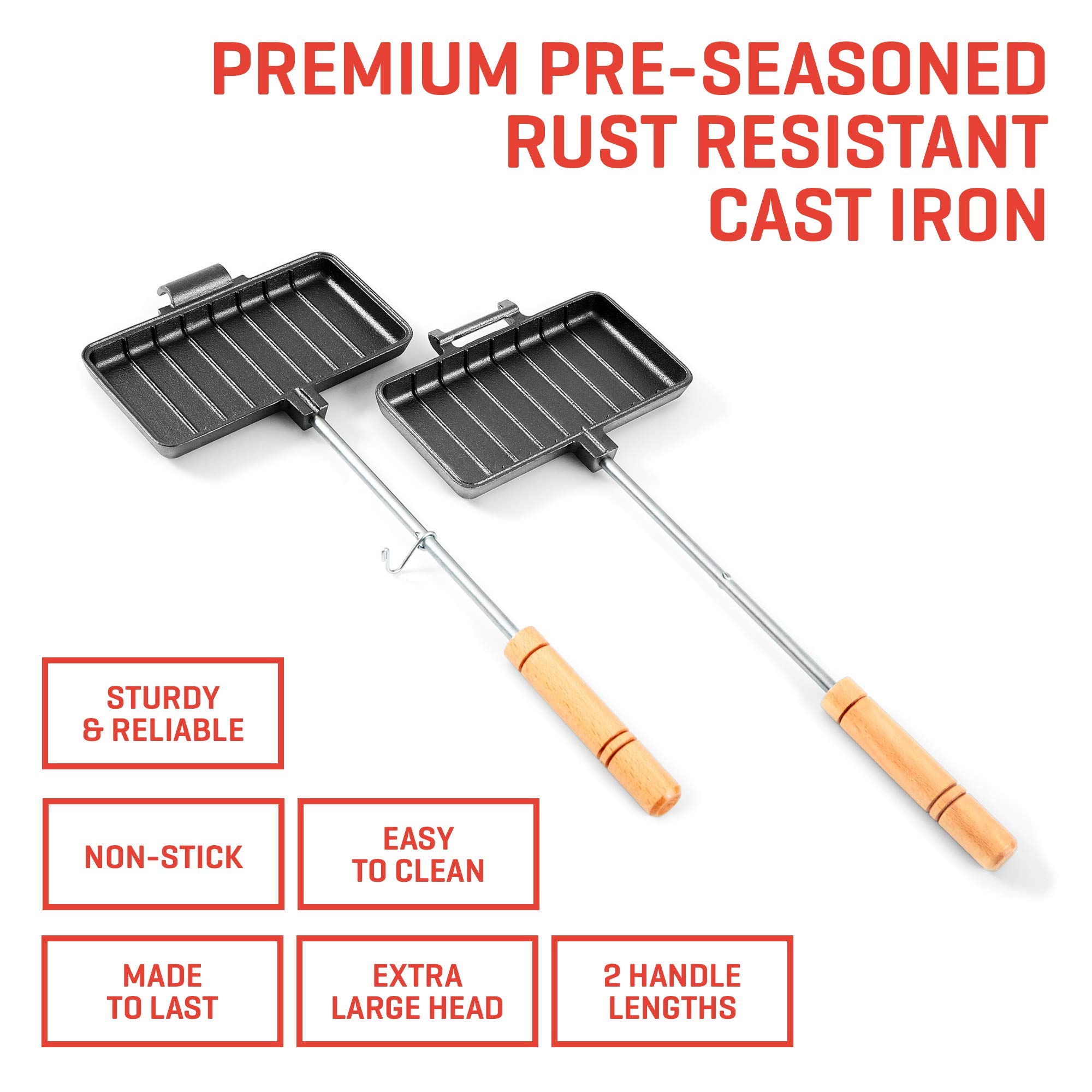 Uno Casa XL Cast Iron Pie Irons Sandwich Maker - Heavy Duty Campfire Cooking Tool for Toasted Pies, Sandwiches & Desserts - Includes Recipe Book - Perfect for Camping, Hiking & Outdoor Adventures