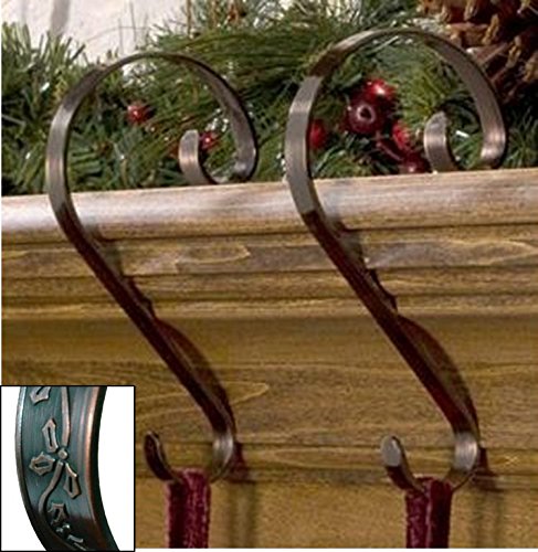 Holly Embossed Stocking Hanger 2-Pack - Oil-Rubbed Bronze for Christmas Mantel Decor