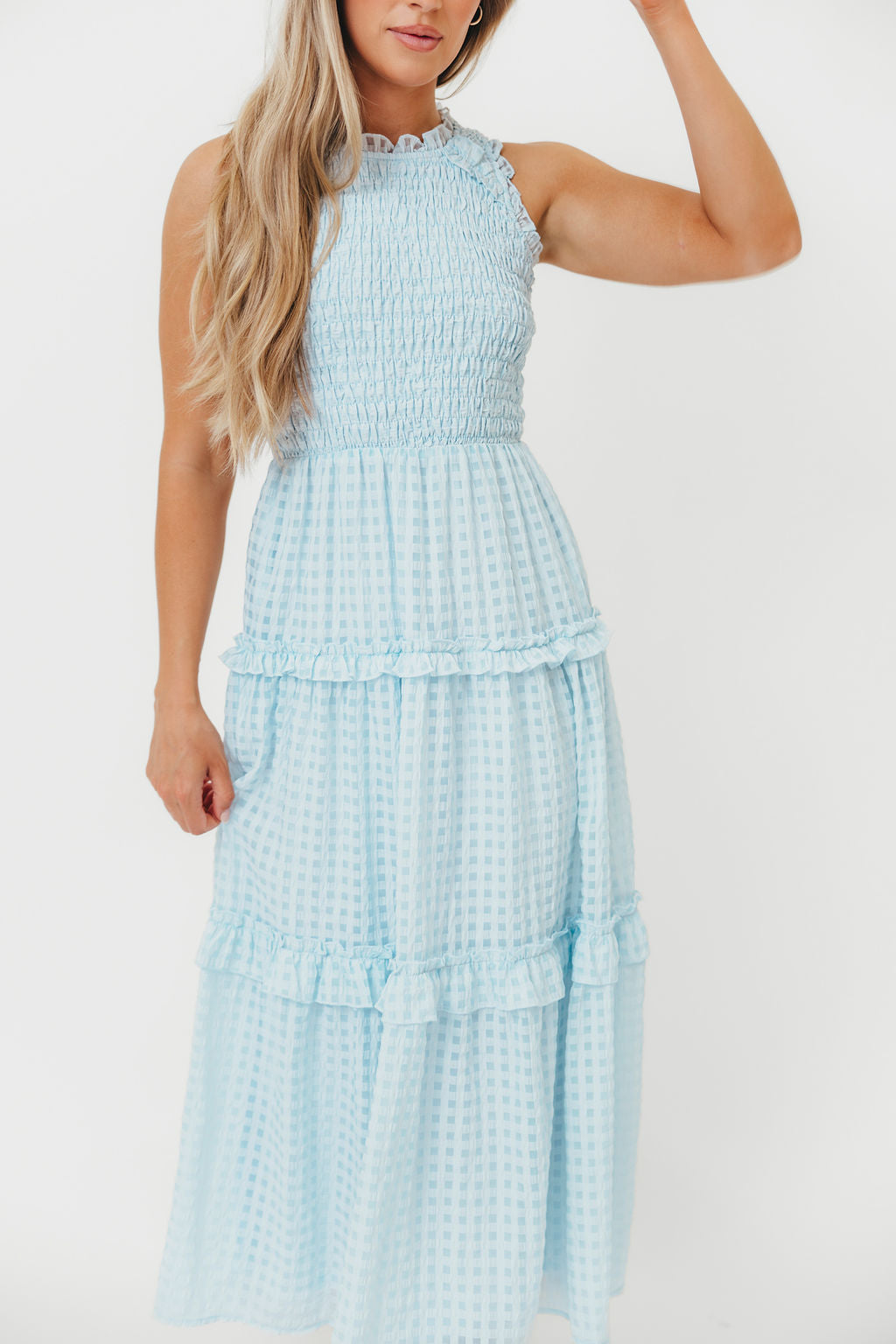 Powder Blue Hyacinth Sleeveless Gingham Maxi Dress with Ruffle Details - Perfect for Summer Beach Vacations, Garden Parties & Boho Fashion Outfits