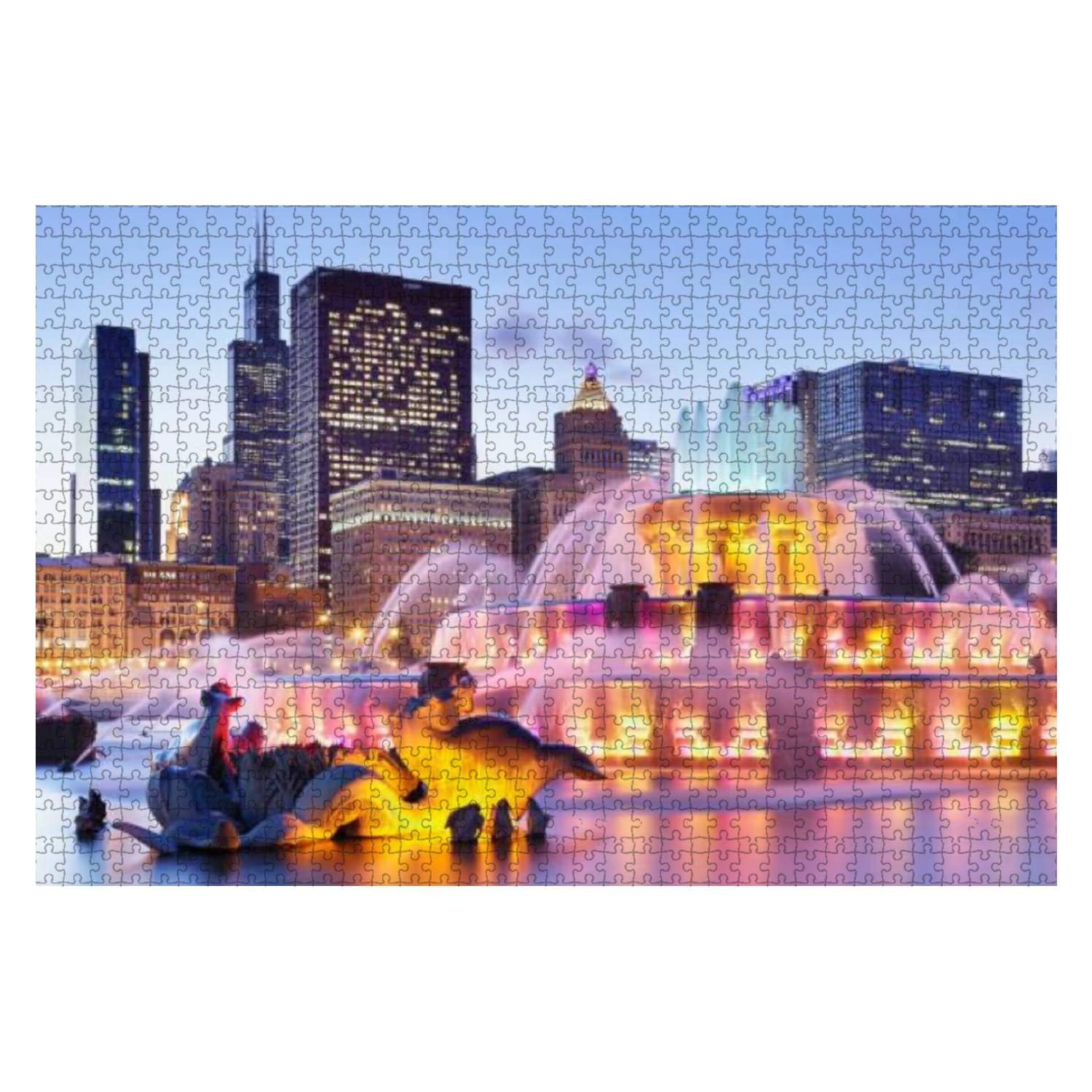 1000-Piece Wooden Jigsaw Puzzle - Buckingham Fountain & Chicago Skyline at Night - Scenic Cityscape Puzzle for Adults & Kids - Educational Toy & Stress Relief Game - Perfect for Family Bonding & Home Decor