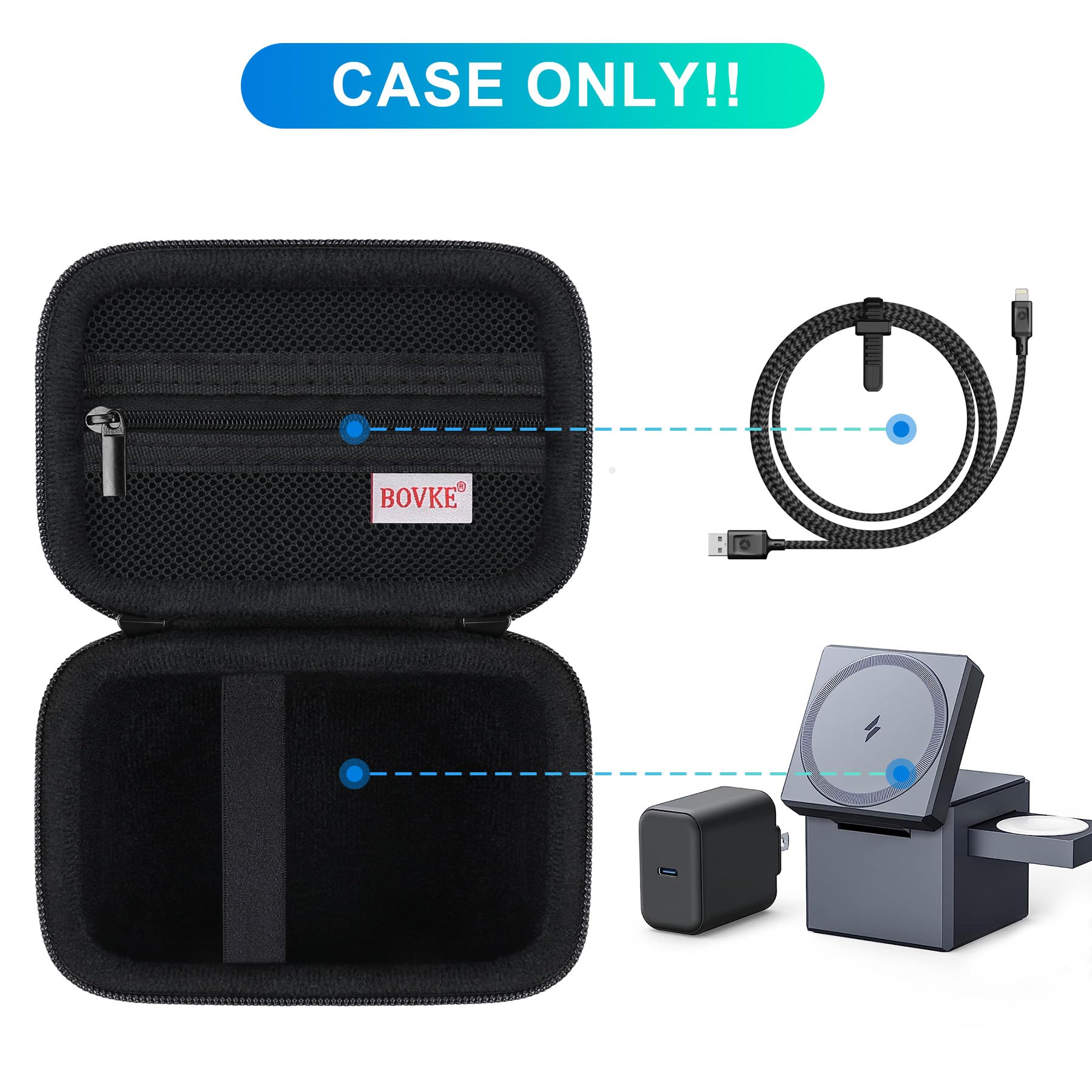 BOVKE Premium Carrying Case for Anker 3-in-1 Cube Charger 15W Max - Fast Charging Foldable Wireless Charger Organizer with Extra Storage Space for Adapter & Cables (Black) - Perfect for Travel, Office & Home Use