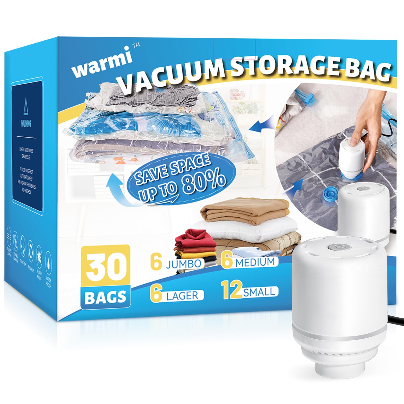 Warmi Vacuum Storage Bags with Electric Air Pump | Space Saving Vacuum Seal Bags for Clothes, Blankets, Duvets, Pillows & Comforters | Travel & Home Storage Solution for Luggage, Wardrobe & Seasonal Items