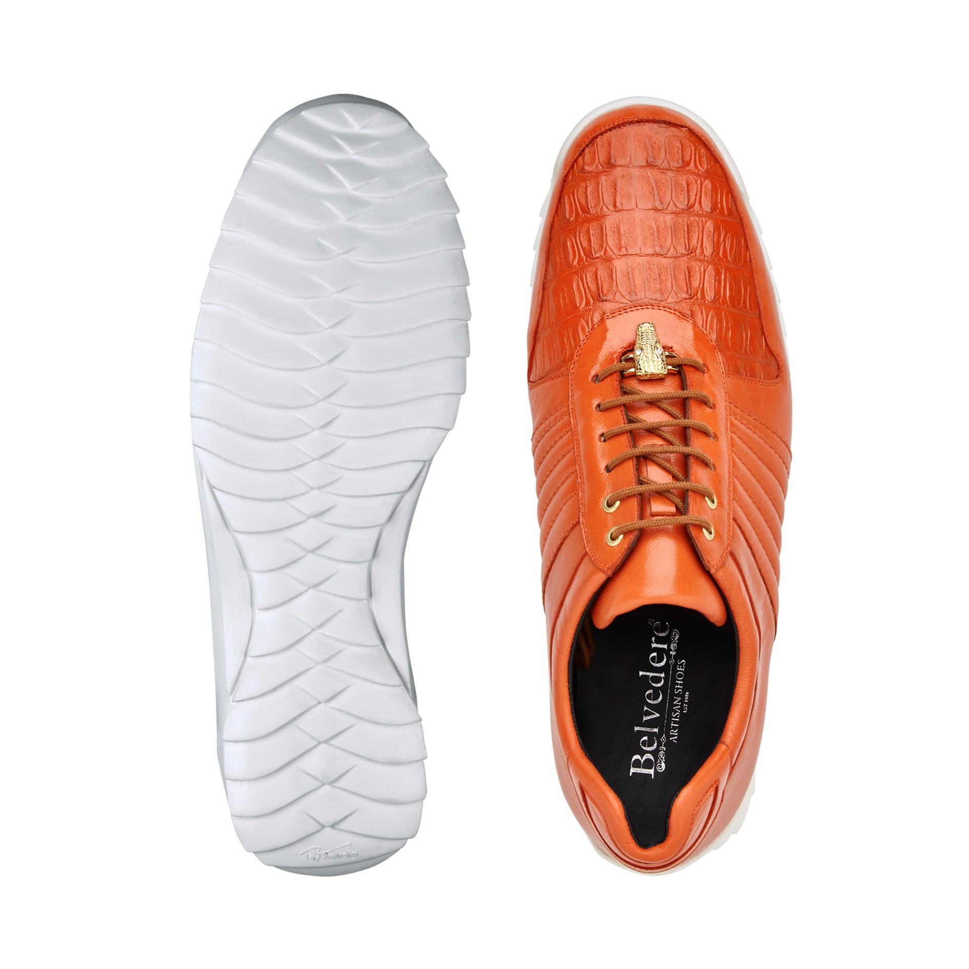 Belvedere Astor Genuine Hornback Caiman Crocodile Leather & Soft Calfskin Sneakers in Orange - 33599 | Luxury Men's Dress Shoes for Formal Occasions & Business Events