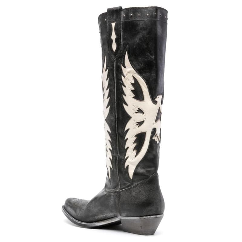 Vintage Western Cowgirl Boots for Women - Distressed Feather Print Knee-High Cowboy Boots with Pointed Toe & Chunky Heel | Perfect for Country Music Festivals, Rodeo Events & Western Fashion Outfits