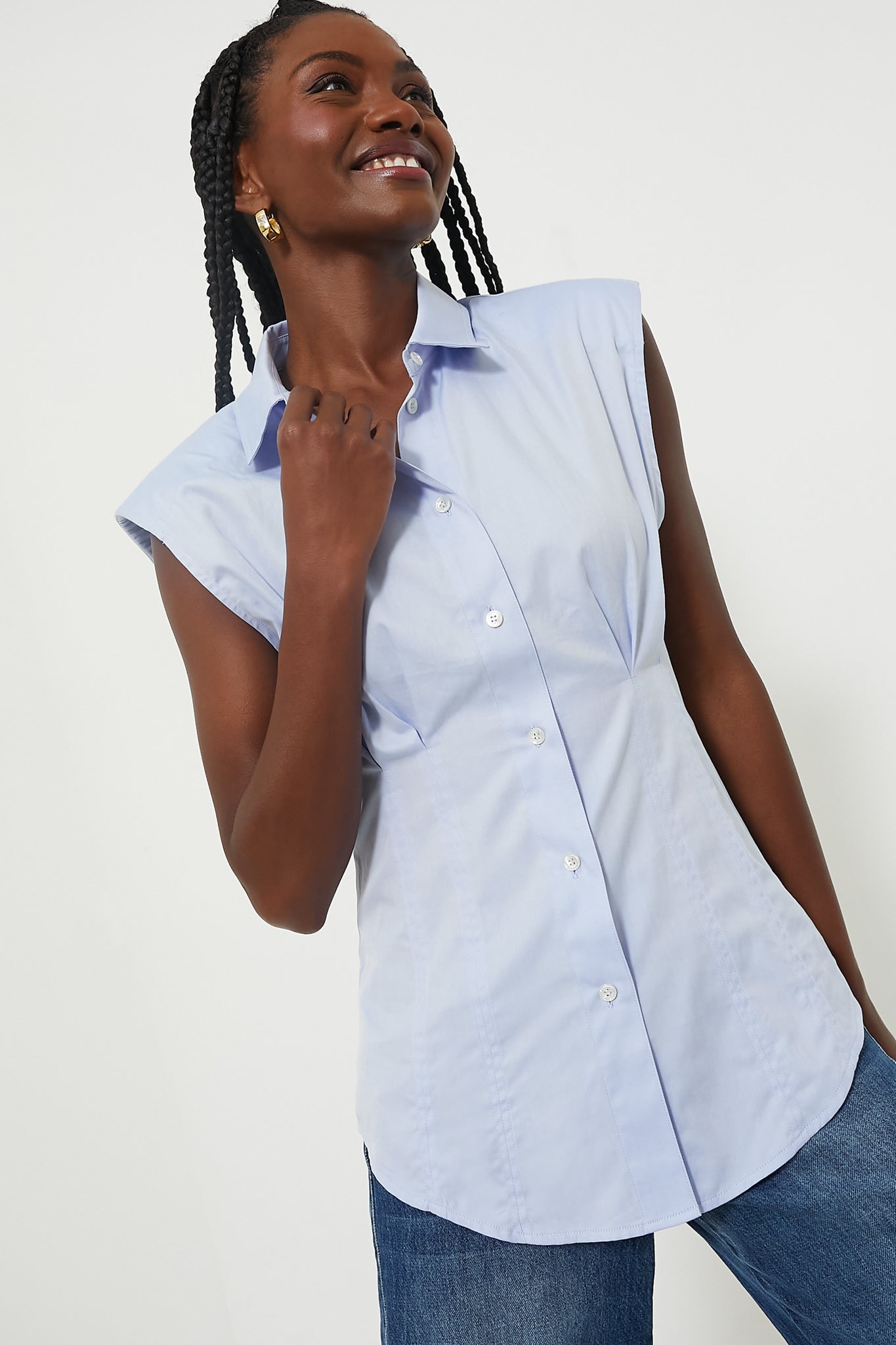 Blue Kendra Shirting Sleeveless Button Down Shirt for Women - Casual Summer Office Wear & Layering Essential