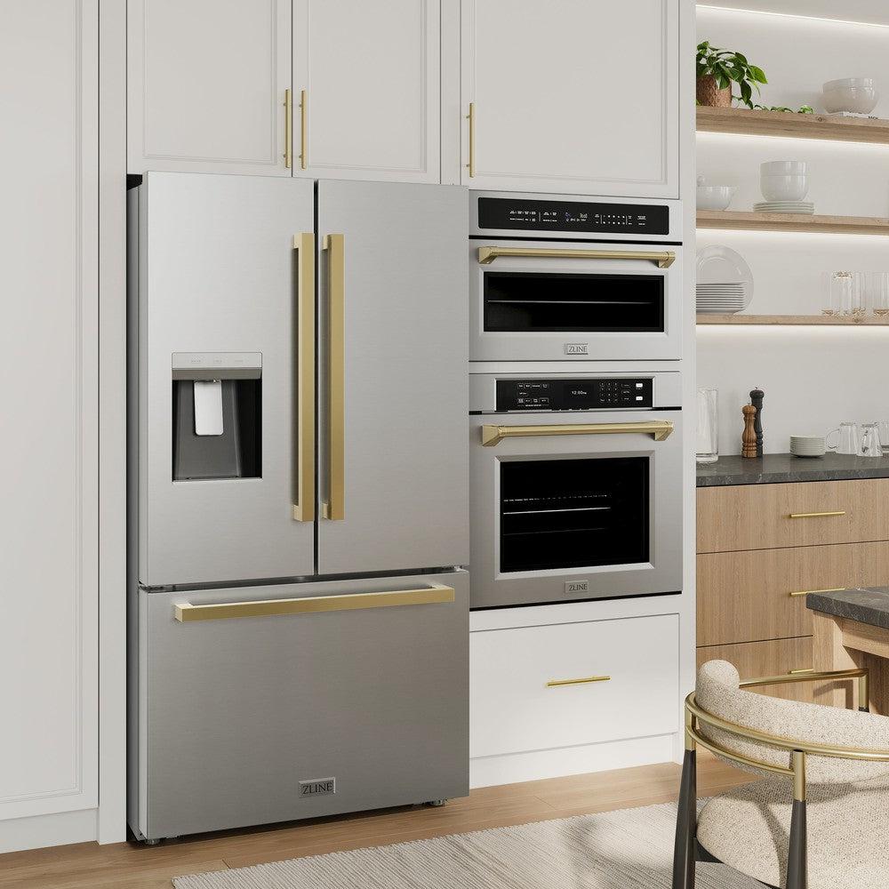 ZLINE Autograph Edition 36 Inch French Door Refrigerator with External Water Dispenser - 28.9 cu. ft. Capacity, Dual Ice Maker, Fingerprint Resistant Stainless Steel & Polished Gold Handles (RSMZ W 36 FG) - Perfect for Modern Kitchens, Entertaining & Large Family Homes