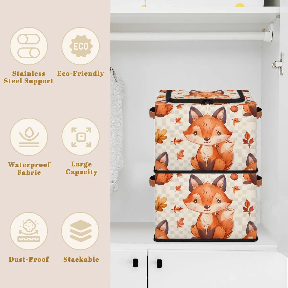 Fox Maple 2-Pack Stackable Storage Bins with Zipper Lid & Metal Frame | PU Handled Closet Organizer Cubes for Clothes, Toys & Home Organization | Perfect for Bedroom, Nursery & Laundry Room Storage
