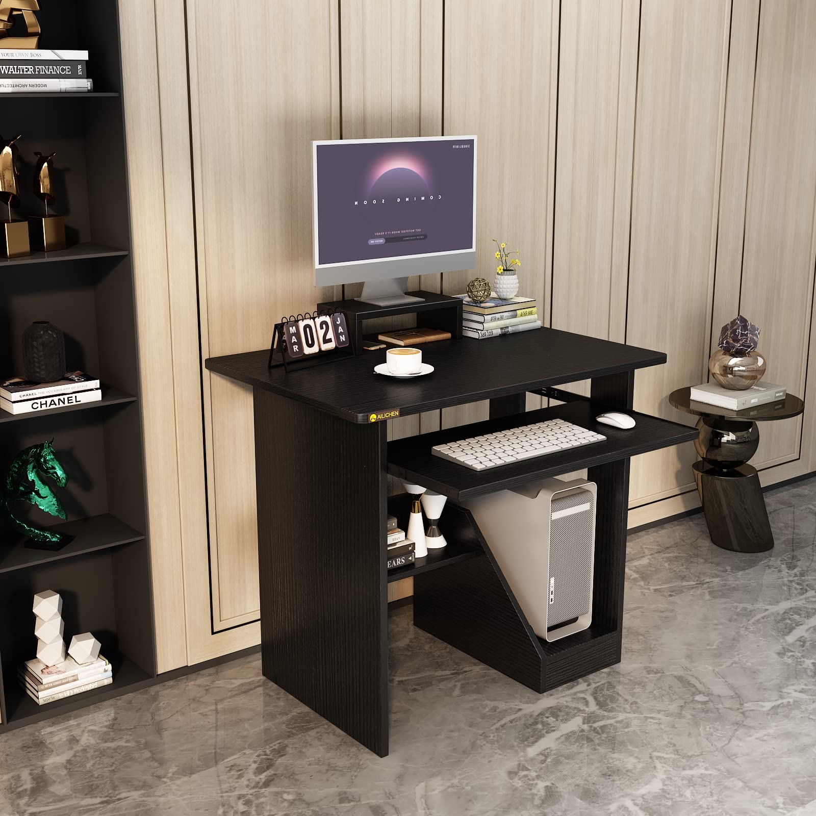 29in Compact Computer Desk with Monitor Stand & Keyboard Tray - Space-Saving Wooden PC Laptop Desk for Small Bedroom, Home Office or Kids Study Area - Sturdy Writing Table with Storage Shelves (Black) - Perfect for Remote Work, Online Learning & Gaming Setup