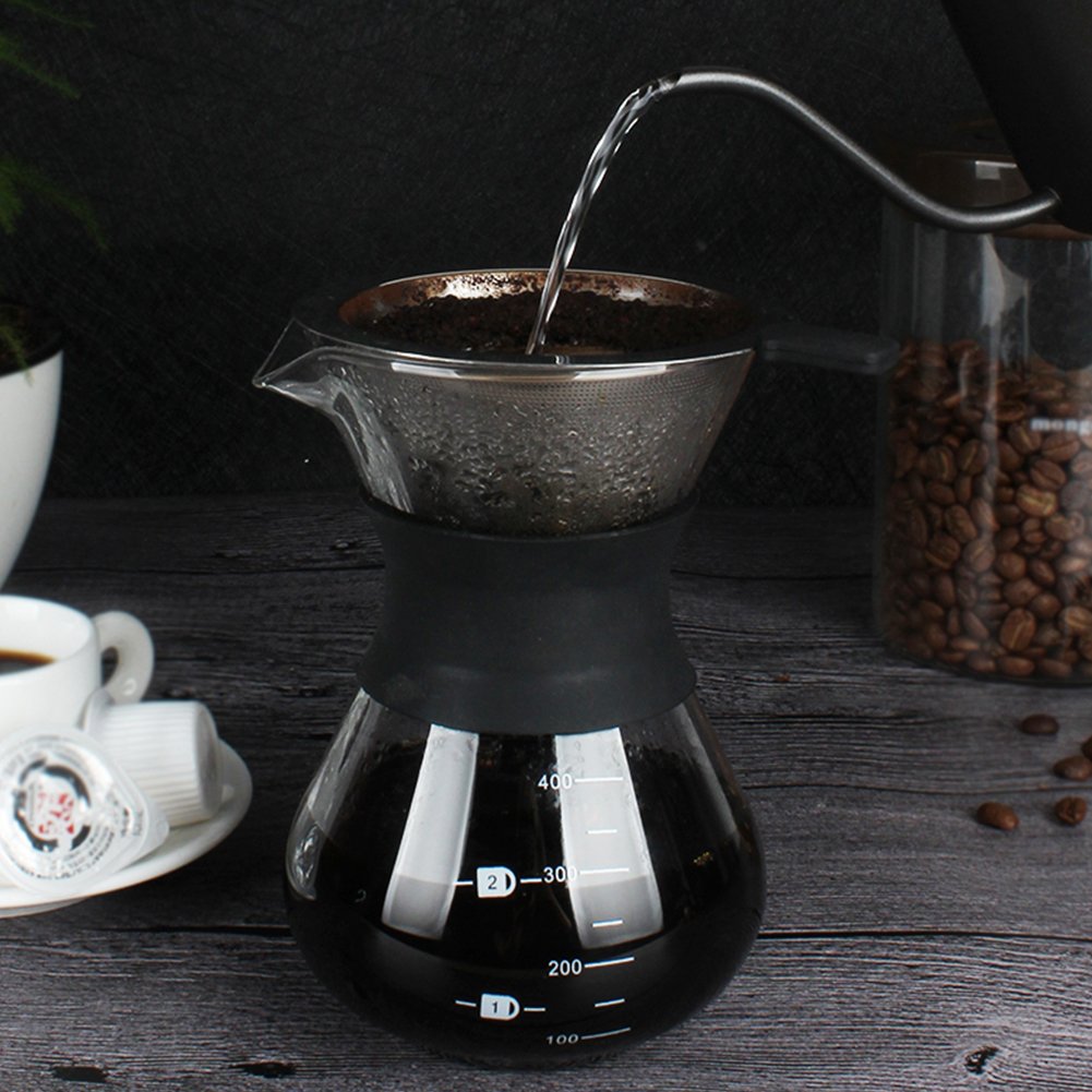 Premium Manual Hand Drip Coffee Maker - Glass Carafe with Stainless Steel Filter for Pour Over Coffee - Perfect for Home, Office & Camping Brewing
