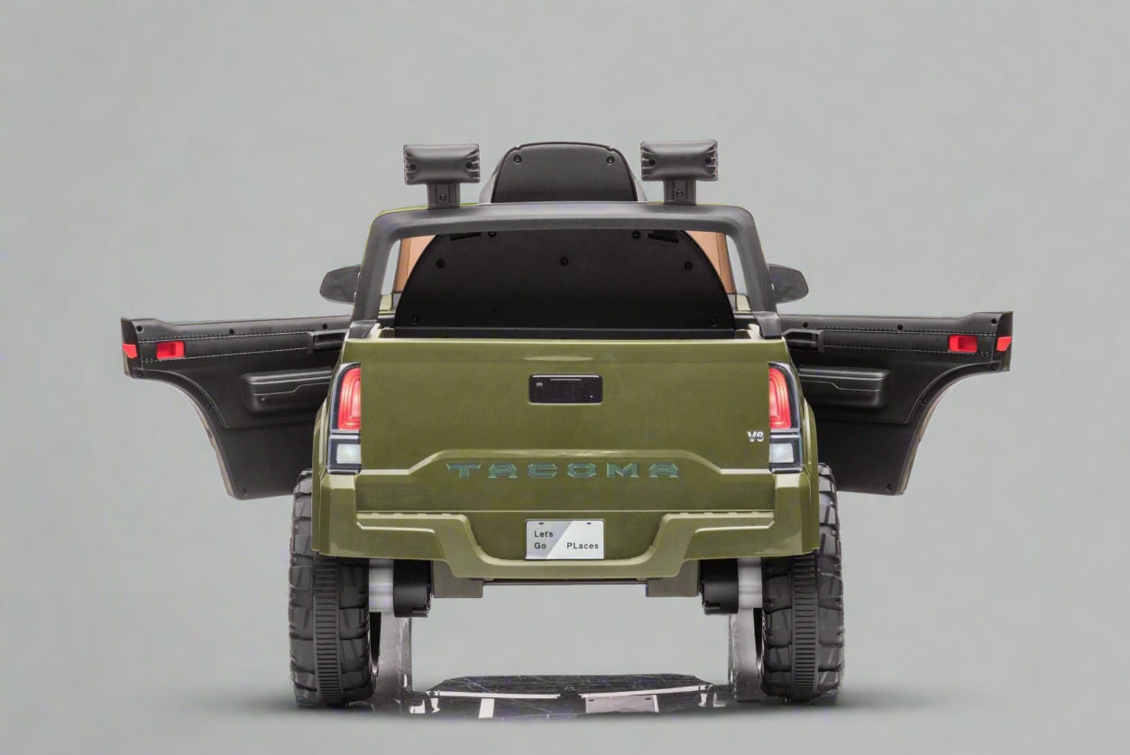 12V Toyota Olive Green Ride On Pickup Truck for Kids - Remote Control, MP3/FM Player, Leather Seat - Electric Toy Car for Boys & Girls - Perfect for Indoor & Outdoor Play - SKU 7109066