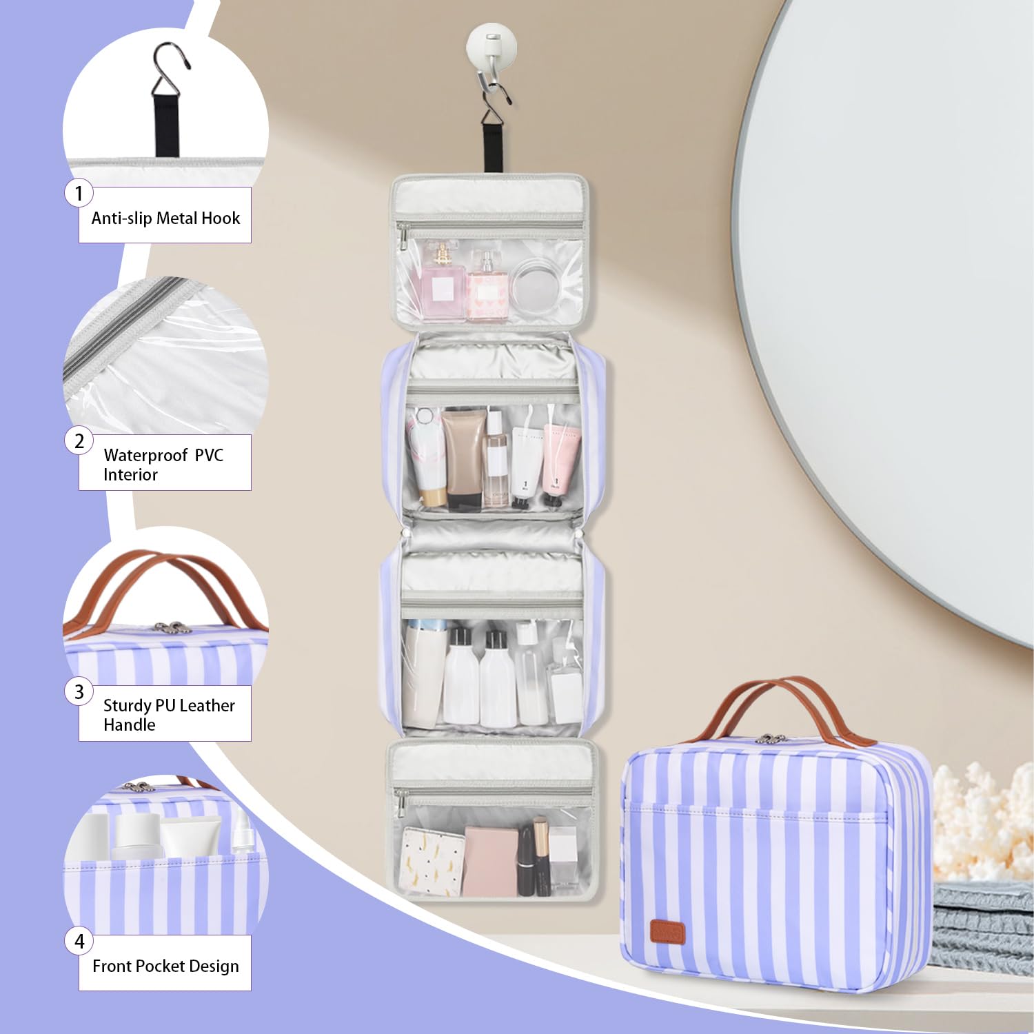 Waterproof Hanging Travel Toiletry Bag for Women - Large Portable Makeup Organizer with Hook for Cosmetics, Toiletries & Travel Essentials | Perfect for Camping, Gym, Business Trips & Vacation