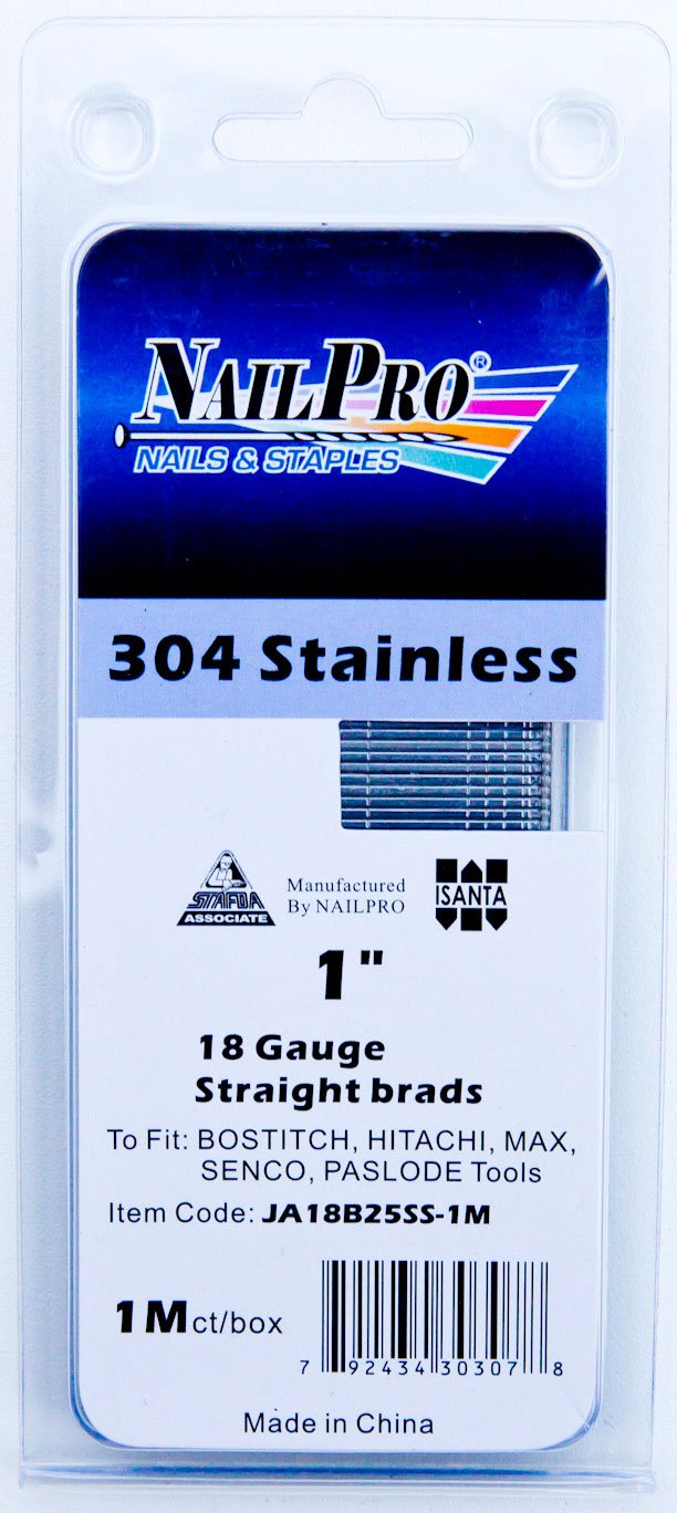 18 Gauge x 1 Inch Stainless Steel Brad Nails - 1000 Count for Woodworking, Cabinetry, and DIY Home Projects