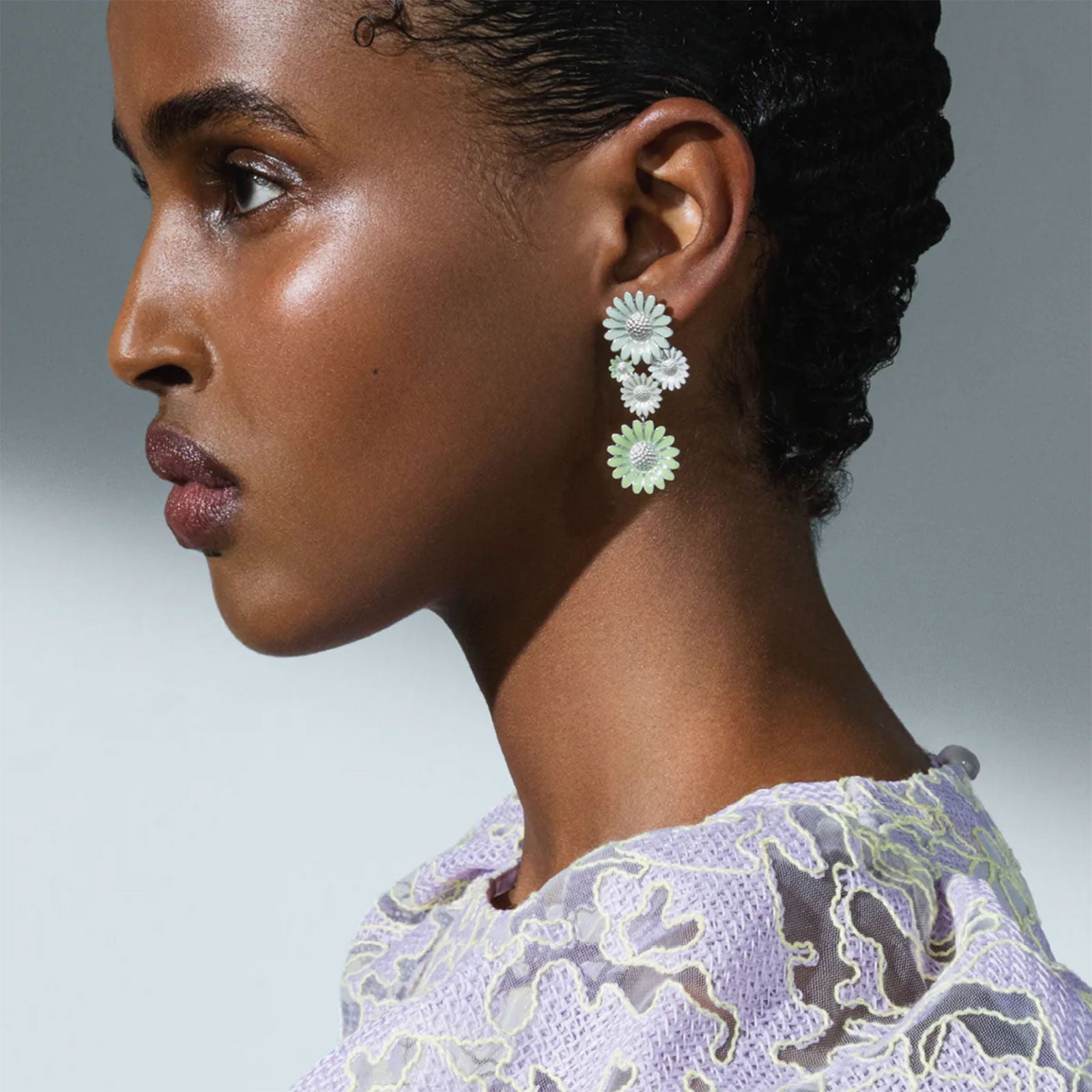 Georg Jensen DAISY Sterling Silver Drop Earrings with Green & White Enamel - Elegant Floral Jewelry for Women, Perfect for Weddings, Parties & Special Occasions