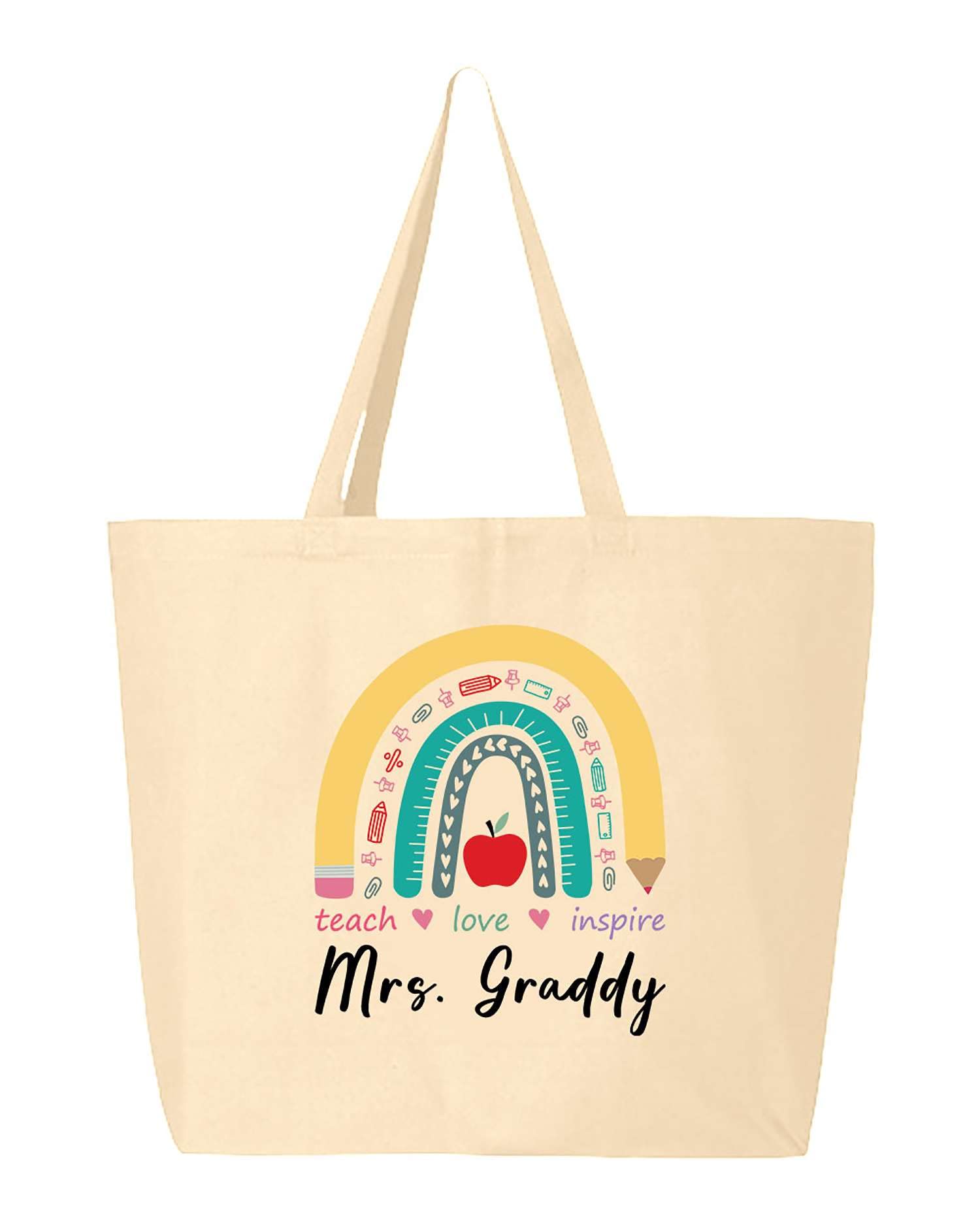 Custom Personalized Teacher Tote Bag - Heavy Duty 10oz Canvas Reusable Shopping Bag with 'Teach Love Inspire' Rainbow Design - Perfect for School, Work, Groceries & Everyday Use
