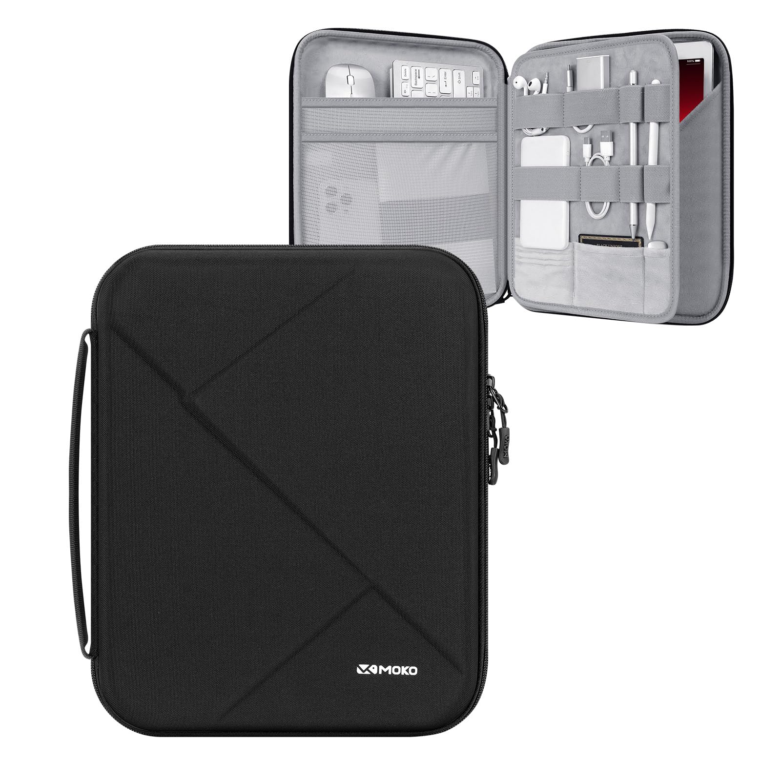 MoKo 13 inch Tablet Sleeve Case for iPad Air M3 2025, iPad Pro 13 M4/Air M2, Pro 12.9, Galaxy Tab S8+/S9+ 12.4 - Shockproof Hard Shell EVA Protective Cover with Storage Pocket & Padded Handle (Black) - Perfect for Travel, Office, and School Use