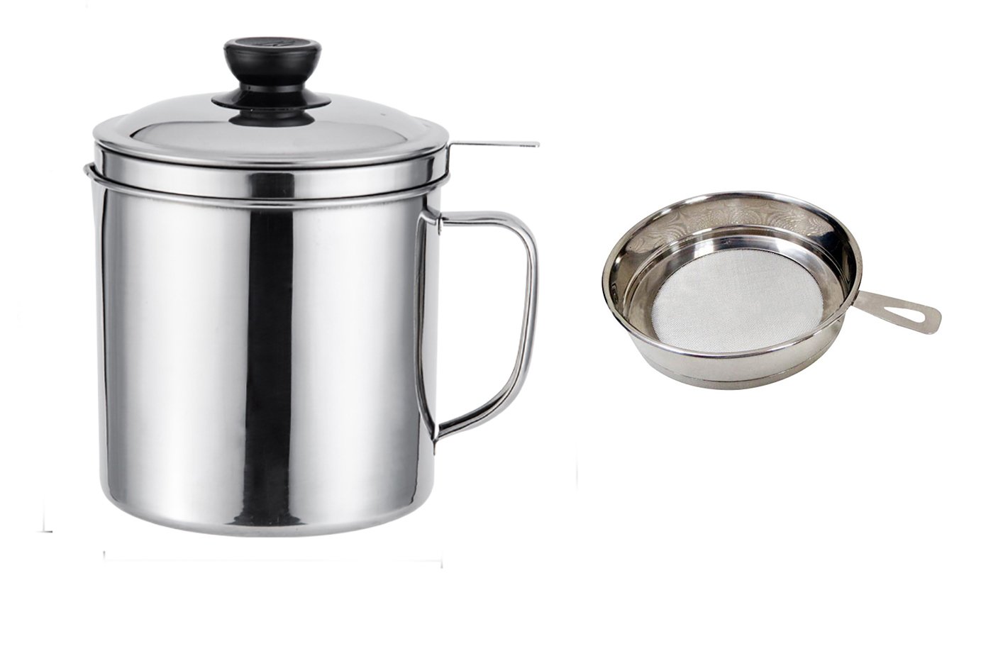 Stainless Steel Grease Keeper with Mesh Strainer - 1.7L (8 Cups) Oil Storage Container for Kitchen - Perfect for Storing Cooking Oil, Bacon Grease & Frying Fat After Cooking