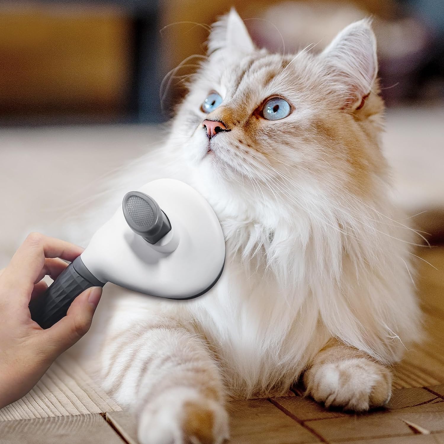 Self-Cleaning Dog & Cat Brush - Grooming Slicker Brush with Smooth Handle & Cleaning Button - Pet Hair Removal & Massage Tool for Dogs & Cats (Grey) - Perfect for Daily Grooming, Shedding Control & Relaxing Pet Massage at Home