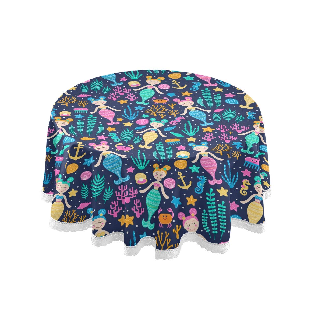 Mermaid Sea Ocean Tablecloth 60 Inch Round for Dining & Coffee Tables - Beach Party Decor