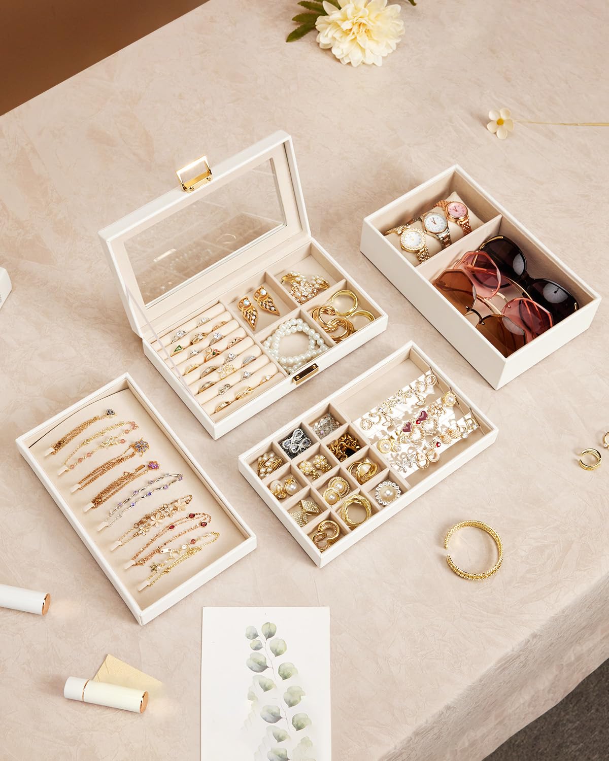 Homde Stackable Jewelry Organizer Box with Glass Lid & Removable Dividers - White Jewelry Tray for Necklaces, Rings, Earrings - Perfect Vanity Table Storage & Gift for Women and Girls