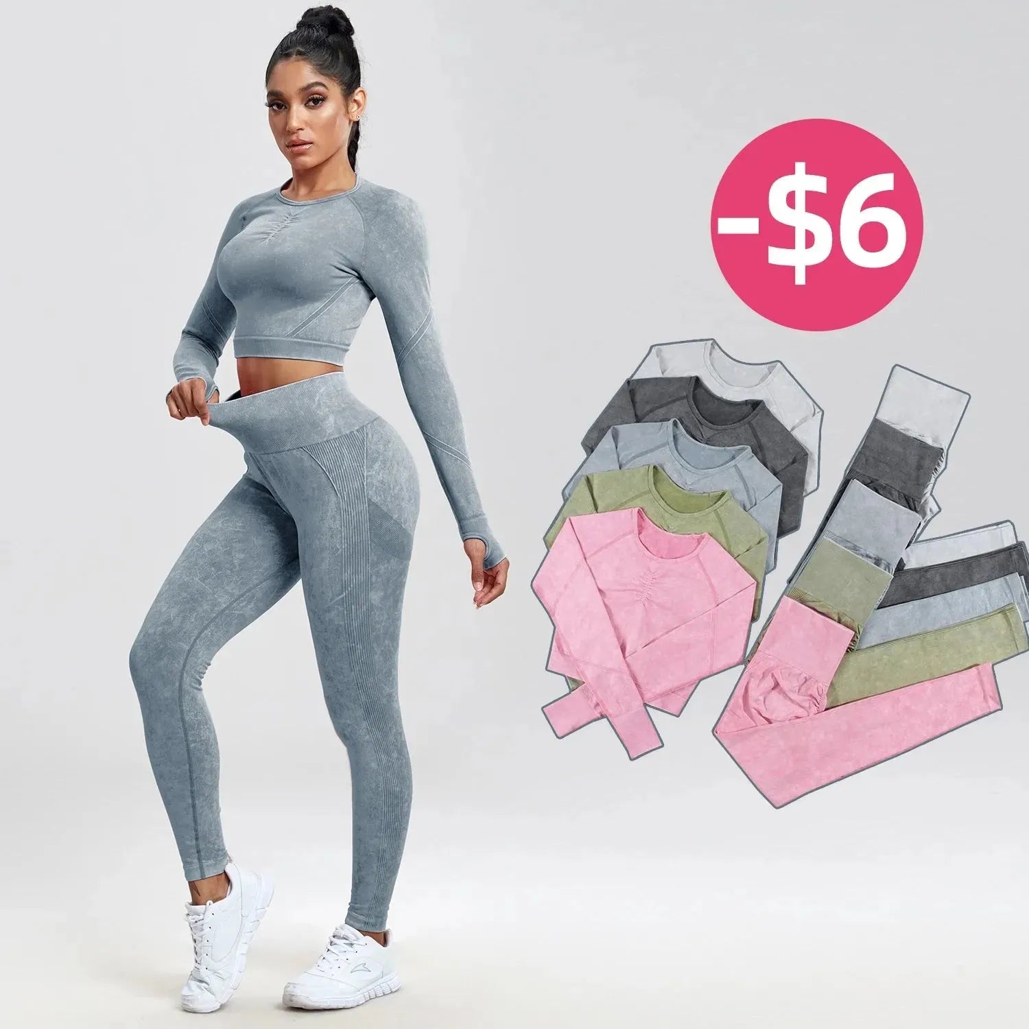 NORMOV 2-Pack Seamless High Waist Yoga Sets for Women - Push Up Workout Outfit with Long Sleeve - Gym & Fitness Sportswear - Perfect for Yoga, Pilates, Running & Home Workouts