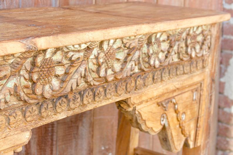Hand Carved Floral Design Wooden Console Table - Antique Entryway Sofa Table for Hallway, Living Room & Bedroom Decor