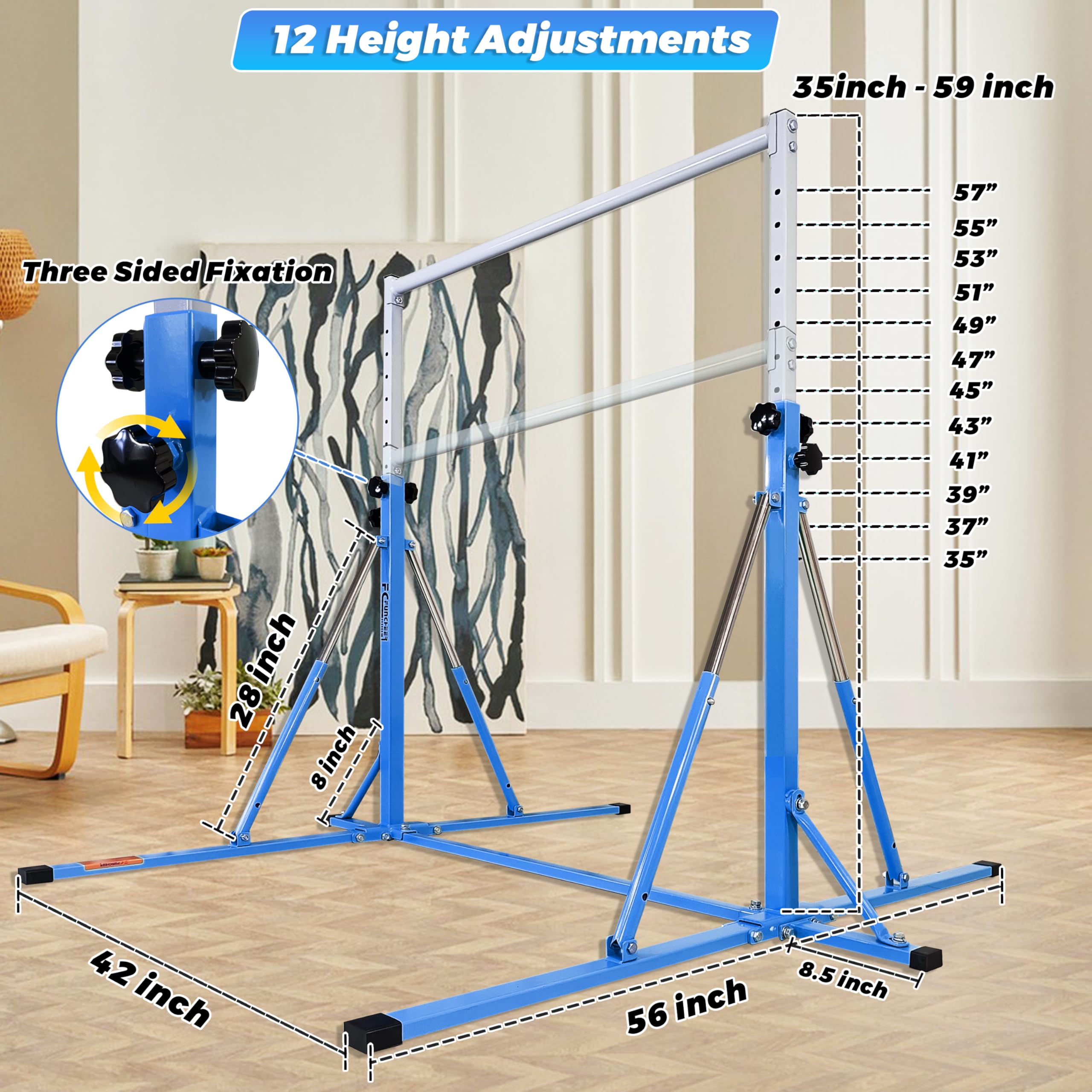Foldable Gymnastics Bar for Kids Ages 3-15 | 5FT Adjustable Horizontal Training Bar with Triangle Stable Structure | Home Gym Equipment for Indoor Gymnastics Practice, Strength Training & Playtime