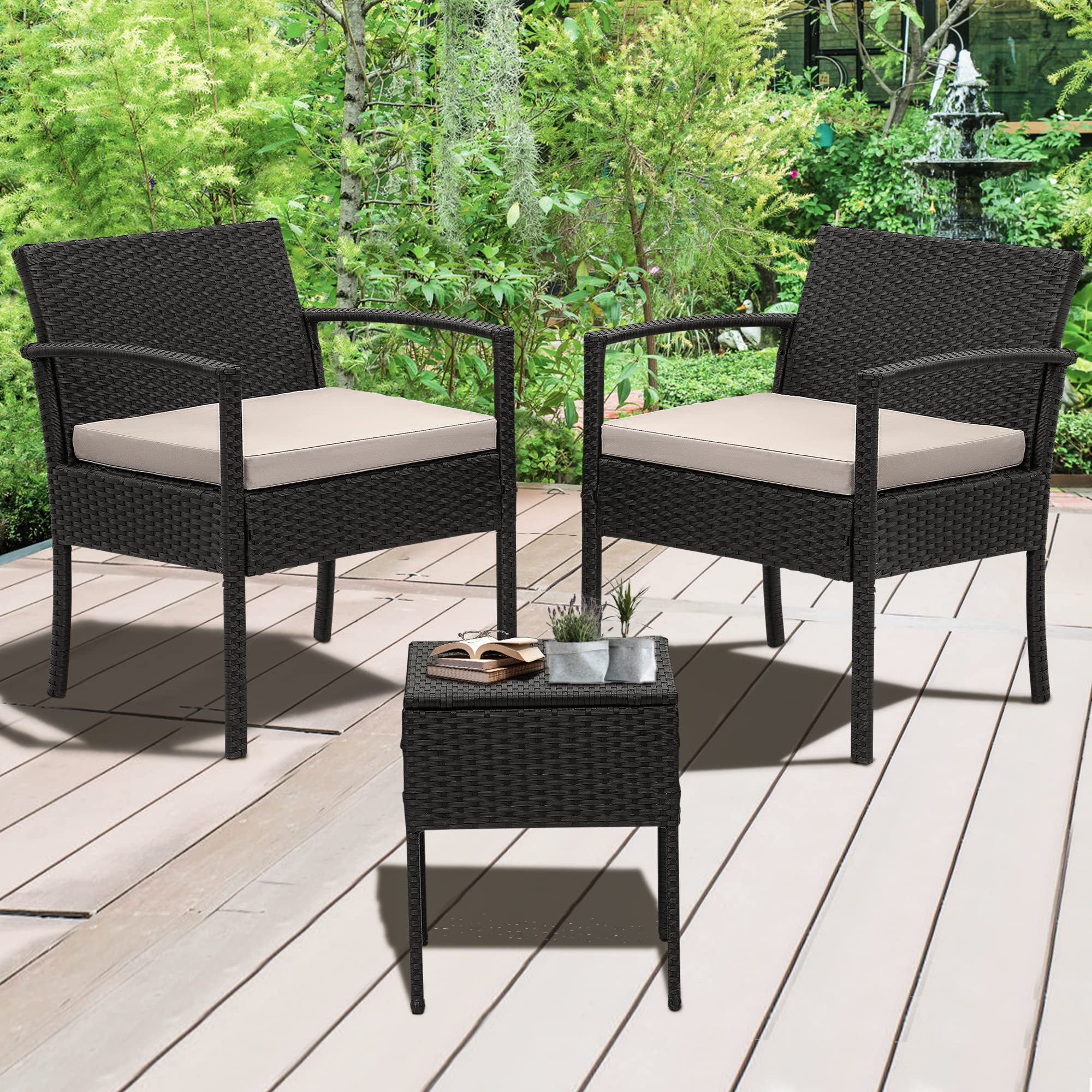 PORWEY 3-Piece Outdoor Patio Furniture Set - Black Wicker Bistro Set with Gray Cushions, Rattan Chairs for Backyard, Balcony, Poolside & Garden (Perfect for Outdoor Dining & Relaxing)