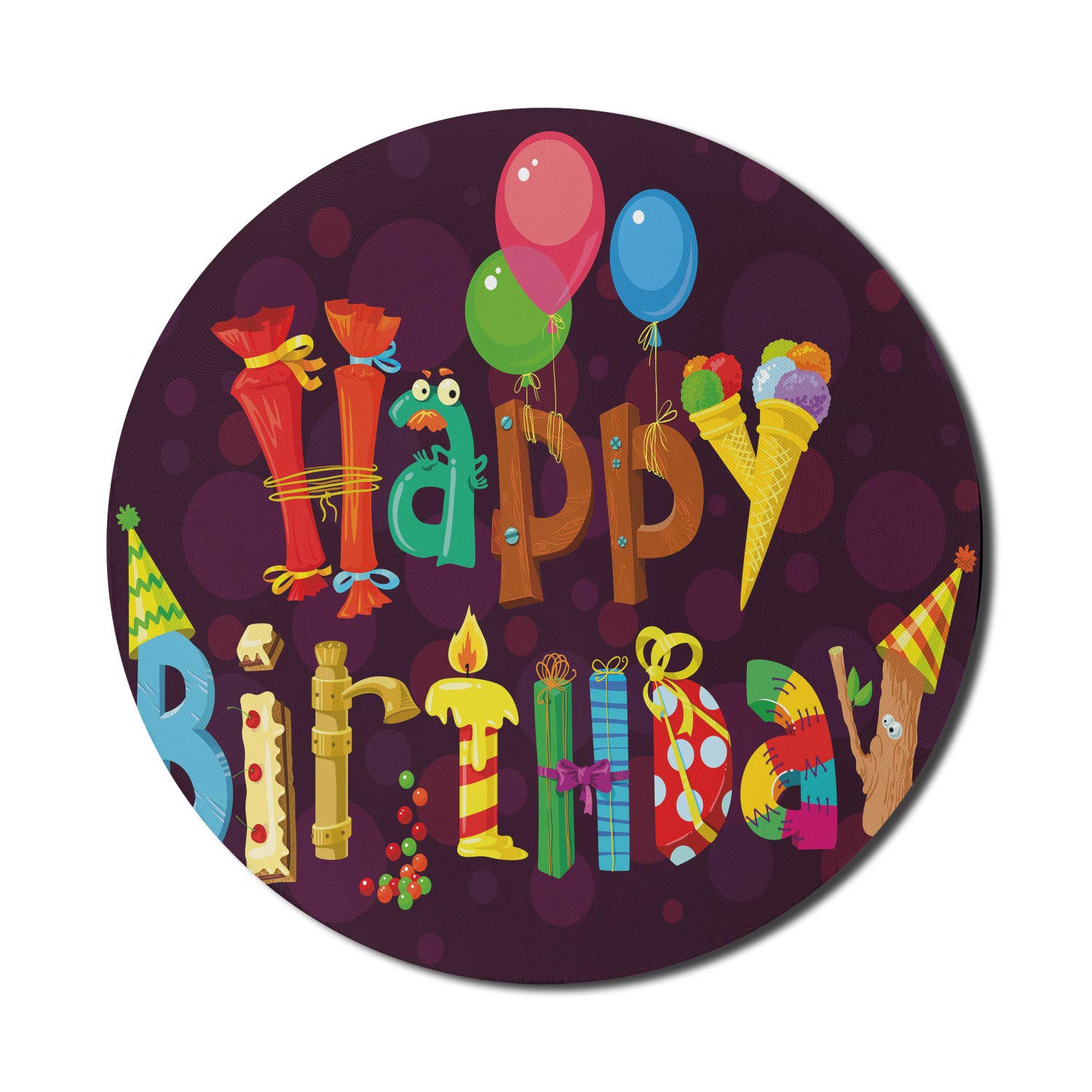Ambesonne Round Non-Slip Gaming Mouse Pad - 8 Inch Thick Rubber Computer Mousepad with Abstract Purple Ice Cream & Sweets Party Design | Perfect for Birthday Celebrations, Office Work & PC Gaming