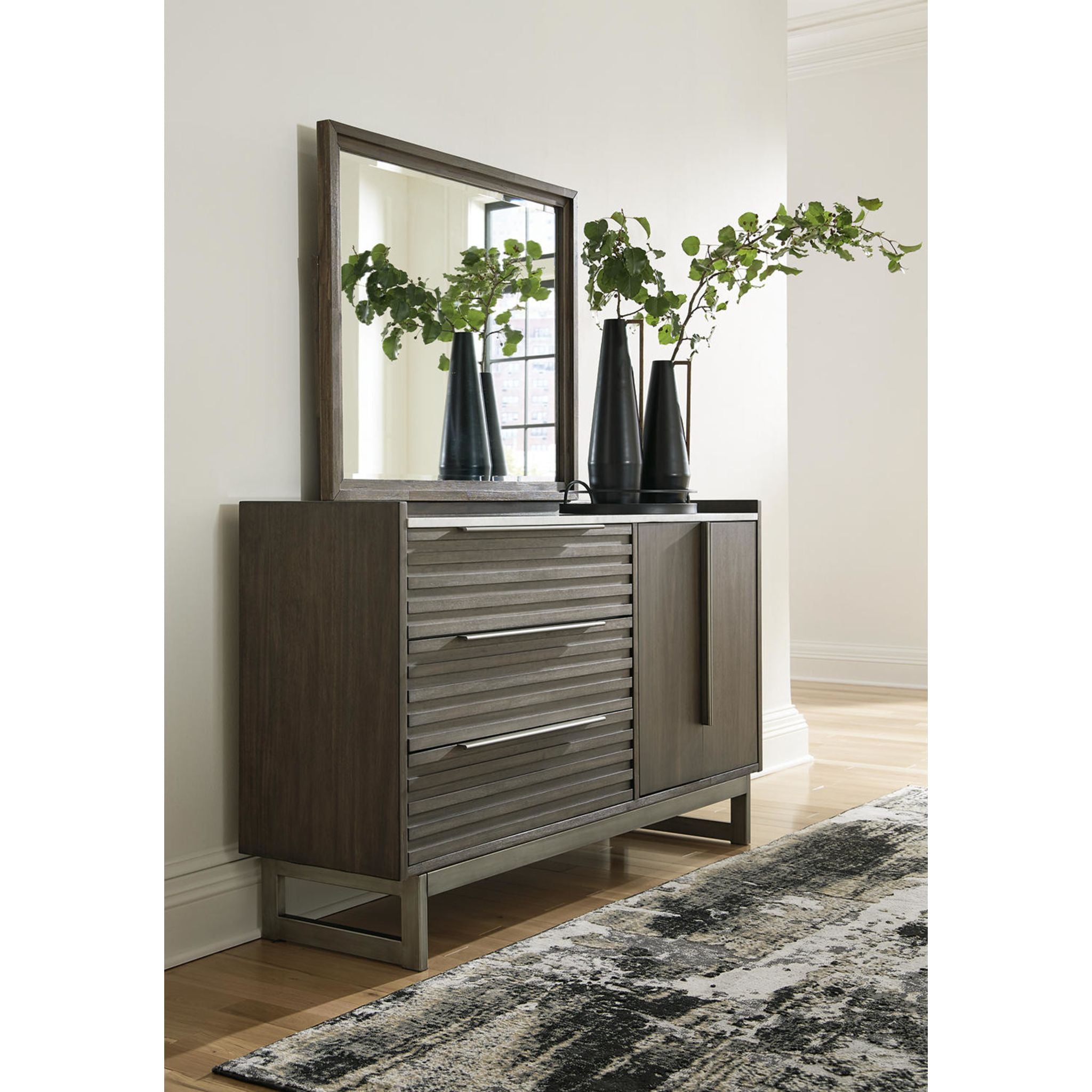 Arkenton 5-Drawer Dresser with Mirror - Grayish Brown Wooden Chest for Bedroom Storage & Organization | Perfect for Master Bedroom, Guest Room, or Nursery