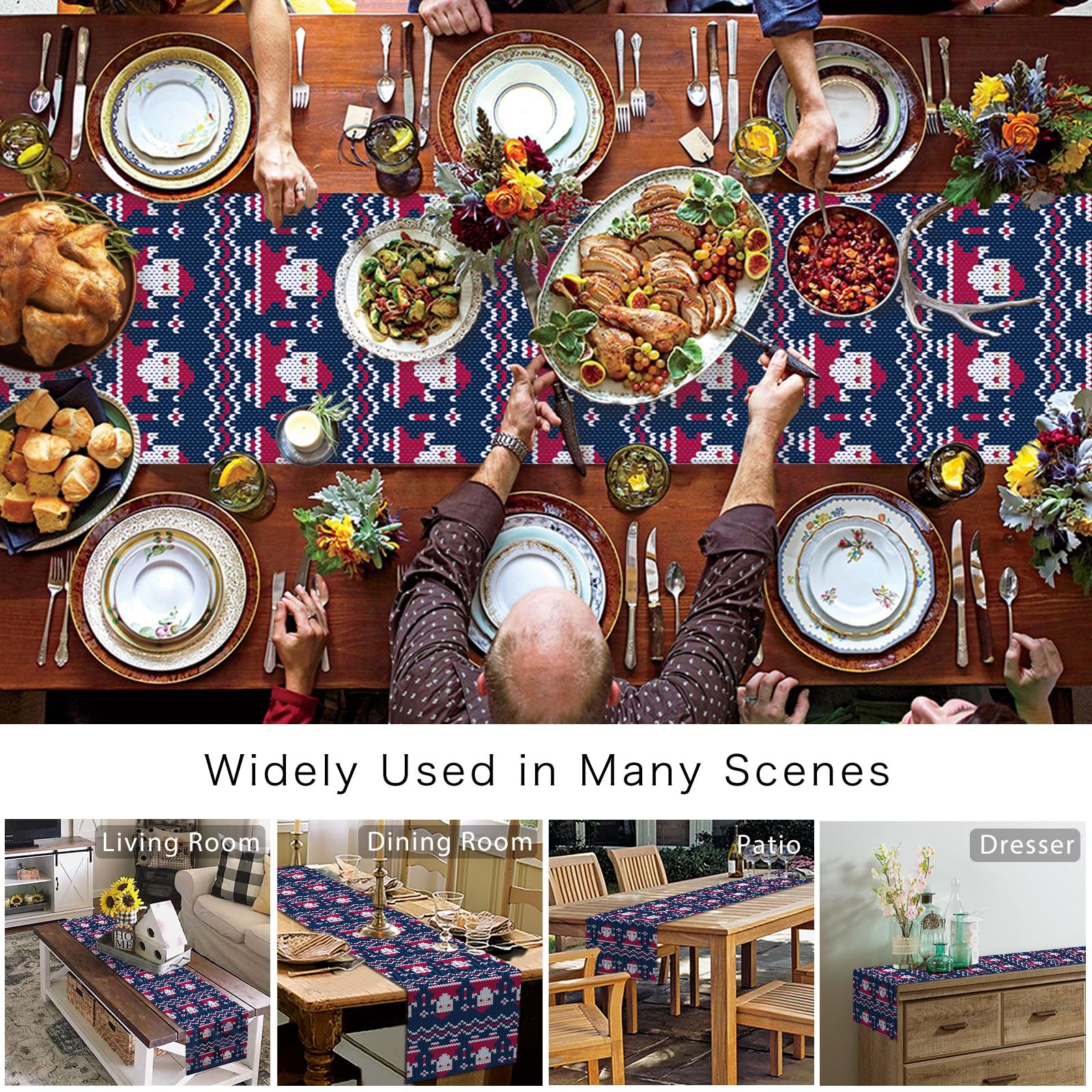 Santa Claus Blue Black Christmas Table Runner 13x72 Inches - Washable Cotton Linen for Kitchen, Coffee Table & Dining Room - Perfect for Xmas Holiday Party Decor & Winter Home Decoration