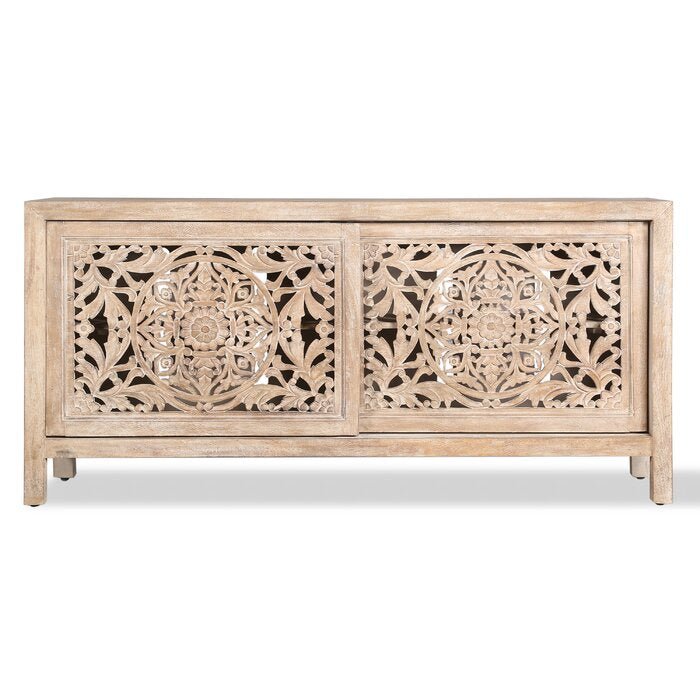 Hand Carved Mandala Inspired Botanical Patterns Media Console - Solid Wood TV Stand with Storage for Living Room, Bedroom & Home Decor