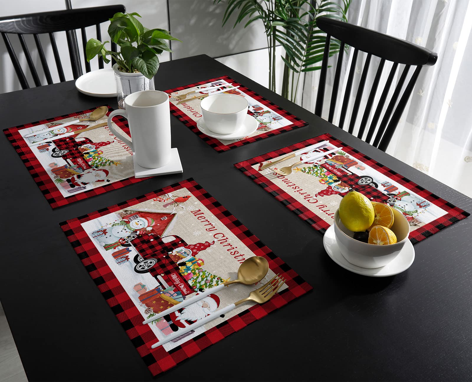 Christmas Placemats Set of 4 - Washable Holiday Table Mats with Xmas Truck, Gnomes & Snowman Design - 13x19 Inch Buffalo Plaid Dining Mats for Kitchen, Restaurant & Picnic Decor - Perfect for Holiday Dinners, Party Decorations & Festive Gatherings