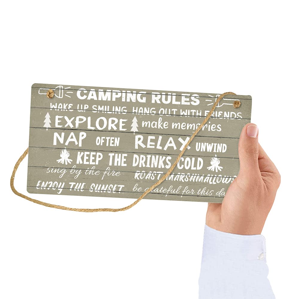 Camping Rules Sign - 10x5in Wall Plaque for Bar, Cabin & Outdoors