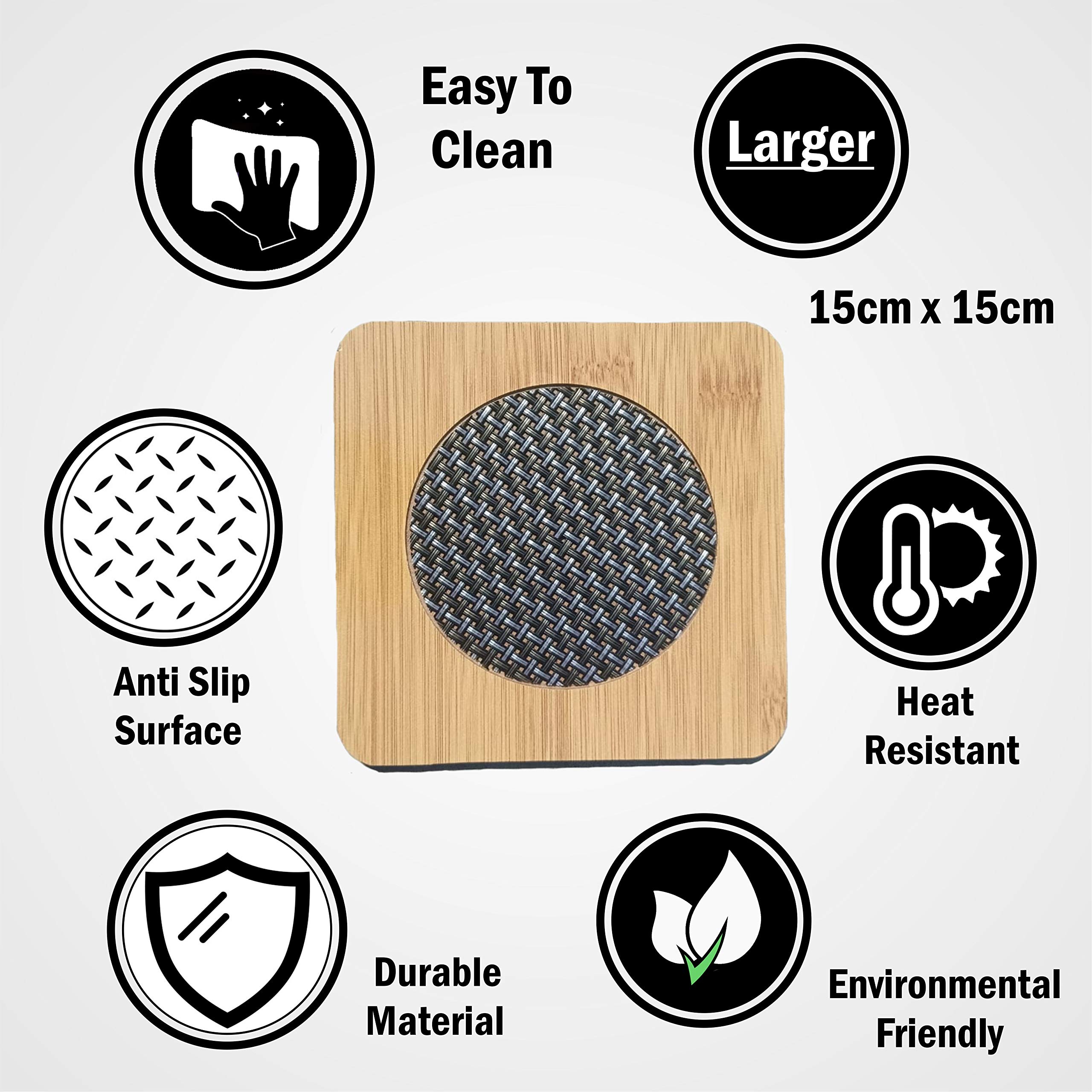 4-Piece Yellow Bamboo Wood Coasters Set - Heat Resistant Table Mats for Pans & Pots (15x15cm) - Perfect for Kitchen, Dining, and Outdoor BBQ Use