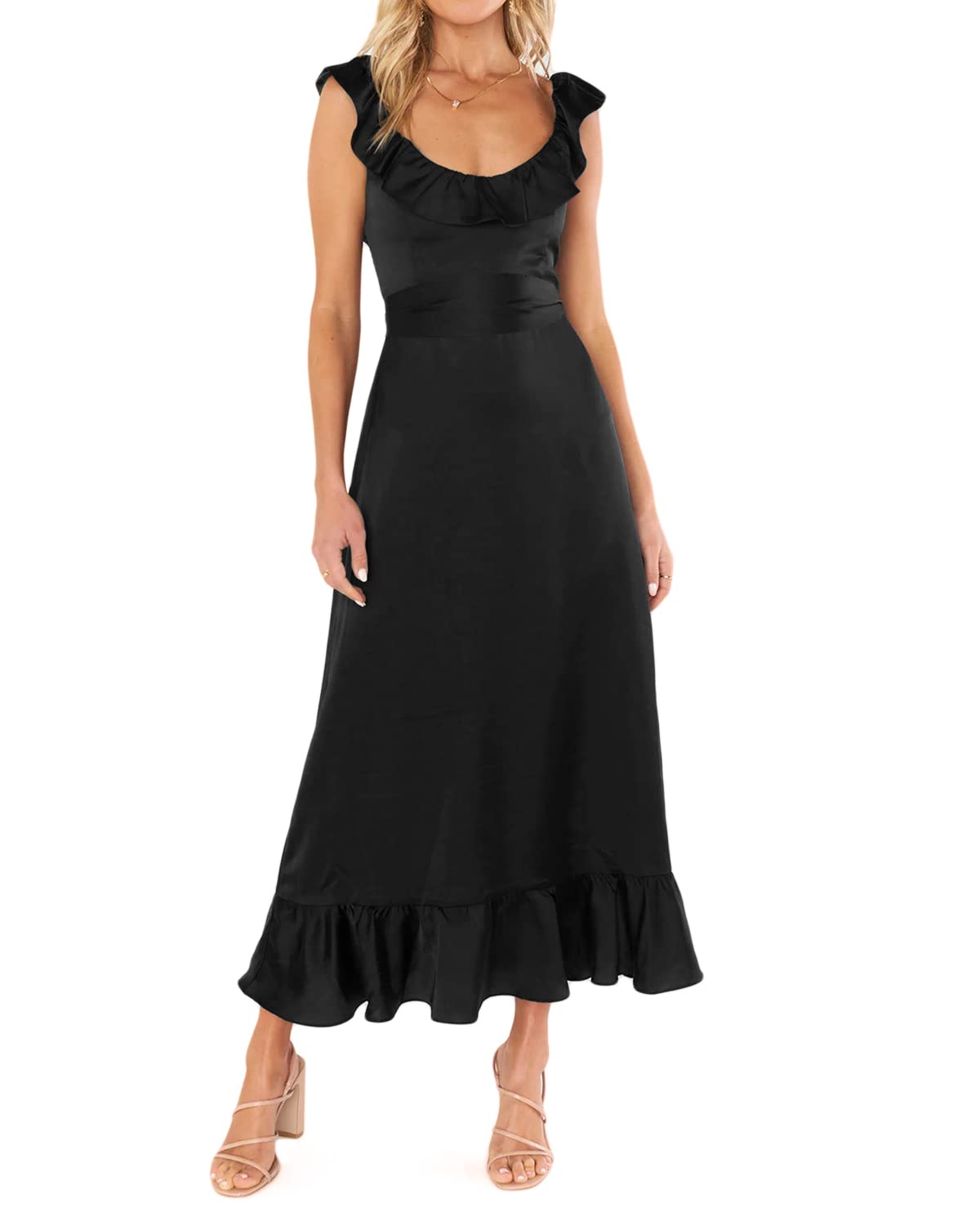 Houstil Women's Summer Wrap Maxi Dress - Ruffle Satin Sleeveless Tie Waist Beach Wedding Guest Bridesmaid Dresses for Vacation, Party & Special Occasions