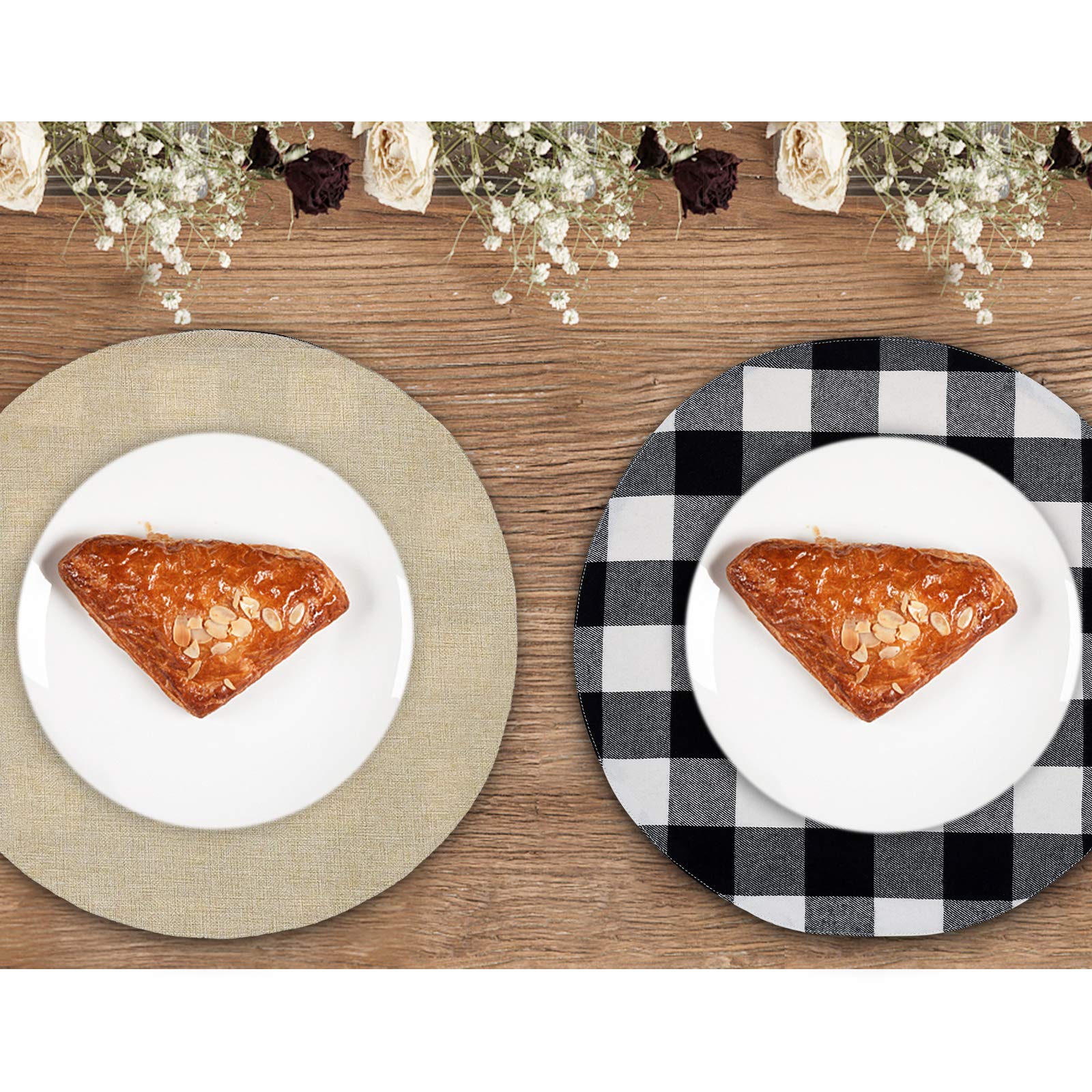 Senneny 6-Piece Round Placemats Set - Reversible Cotton Burlap Buffalo Plaid Placemats for Dining Table - Black & White Farmhouse Decor - Perfect for Round Tables, Kitchen, and Holiday Dinner Settings
