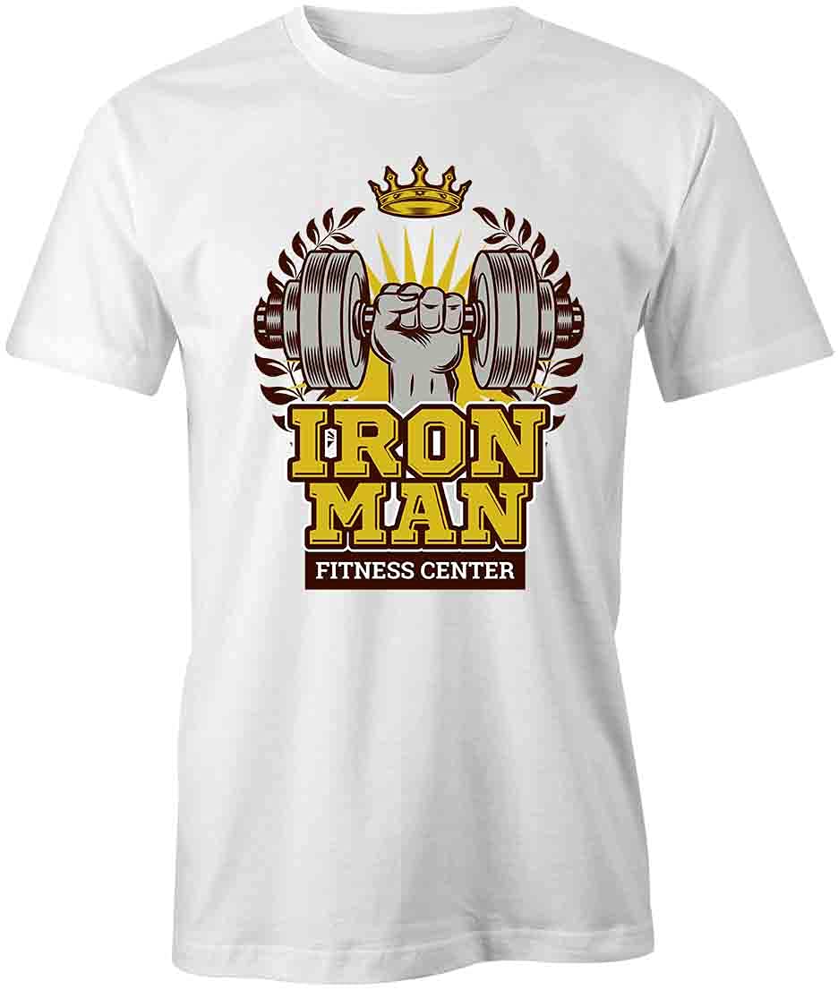 Iron Man Fitness Center Graphic T-Shirt - White Superhero Printed Tee for Gym Workouts & Marvel Fans | Men's Casual Cotton Shirt for Bodybuilding, Training & Comic Conventions
